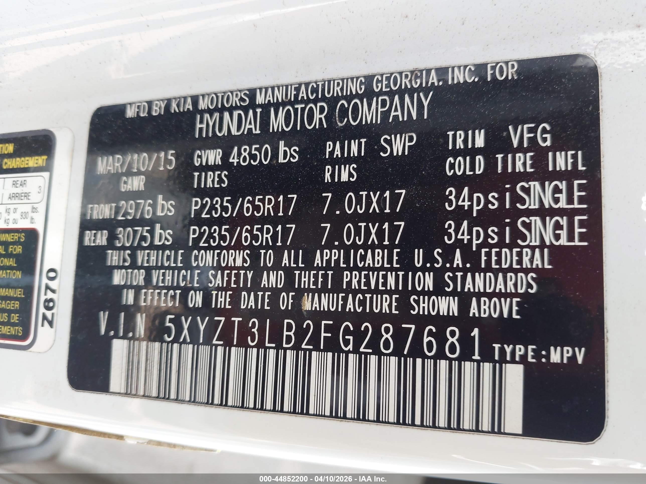 2015 Hyundai Santa Fe Sport 2.4l White vin: 5XYZT3LB2FG287681