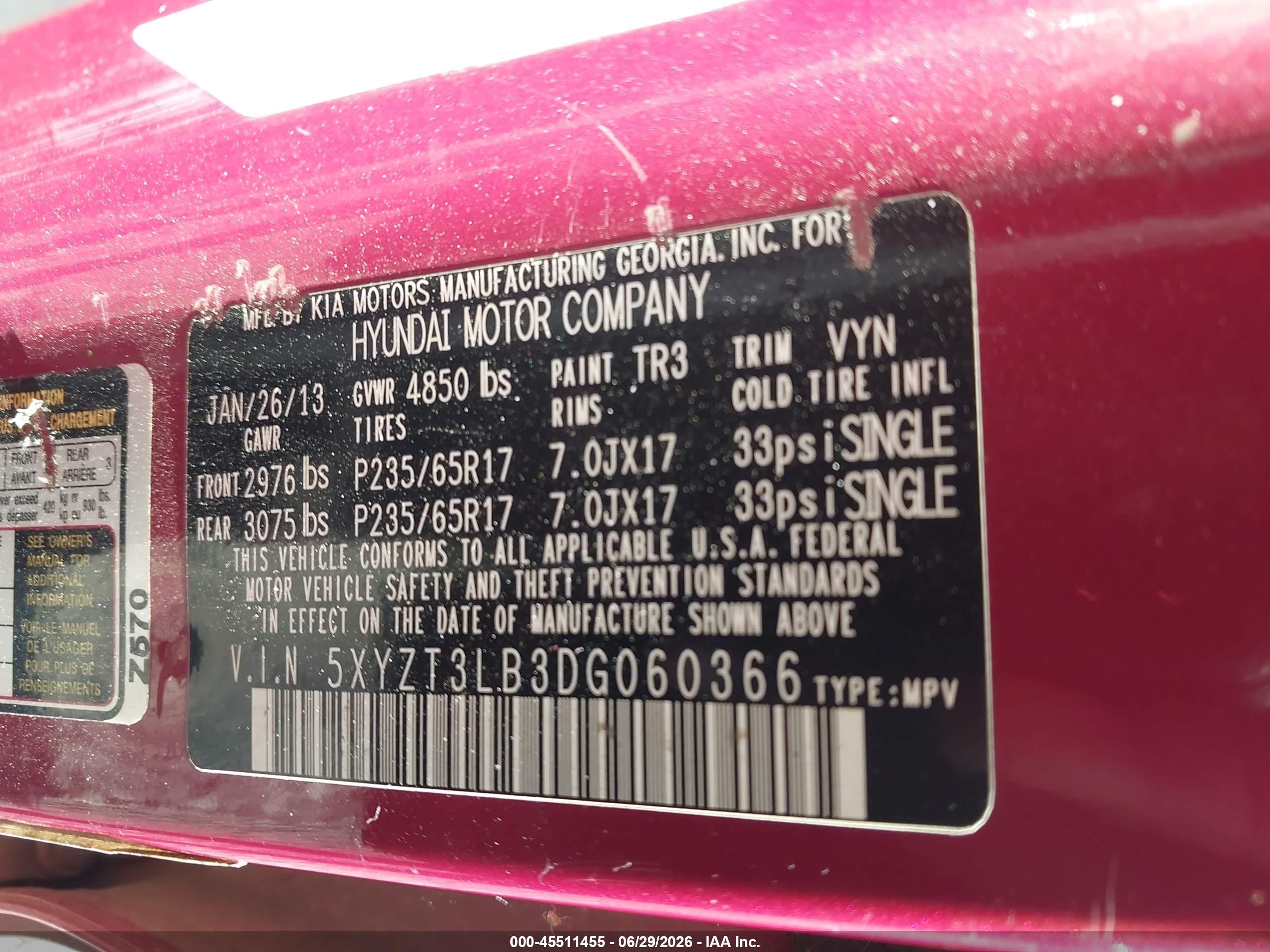 2013 Hyundai Santa Fe Sport Red vin: 5XYZT3LB3DG060366