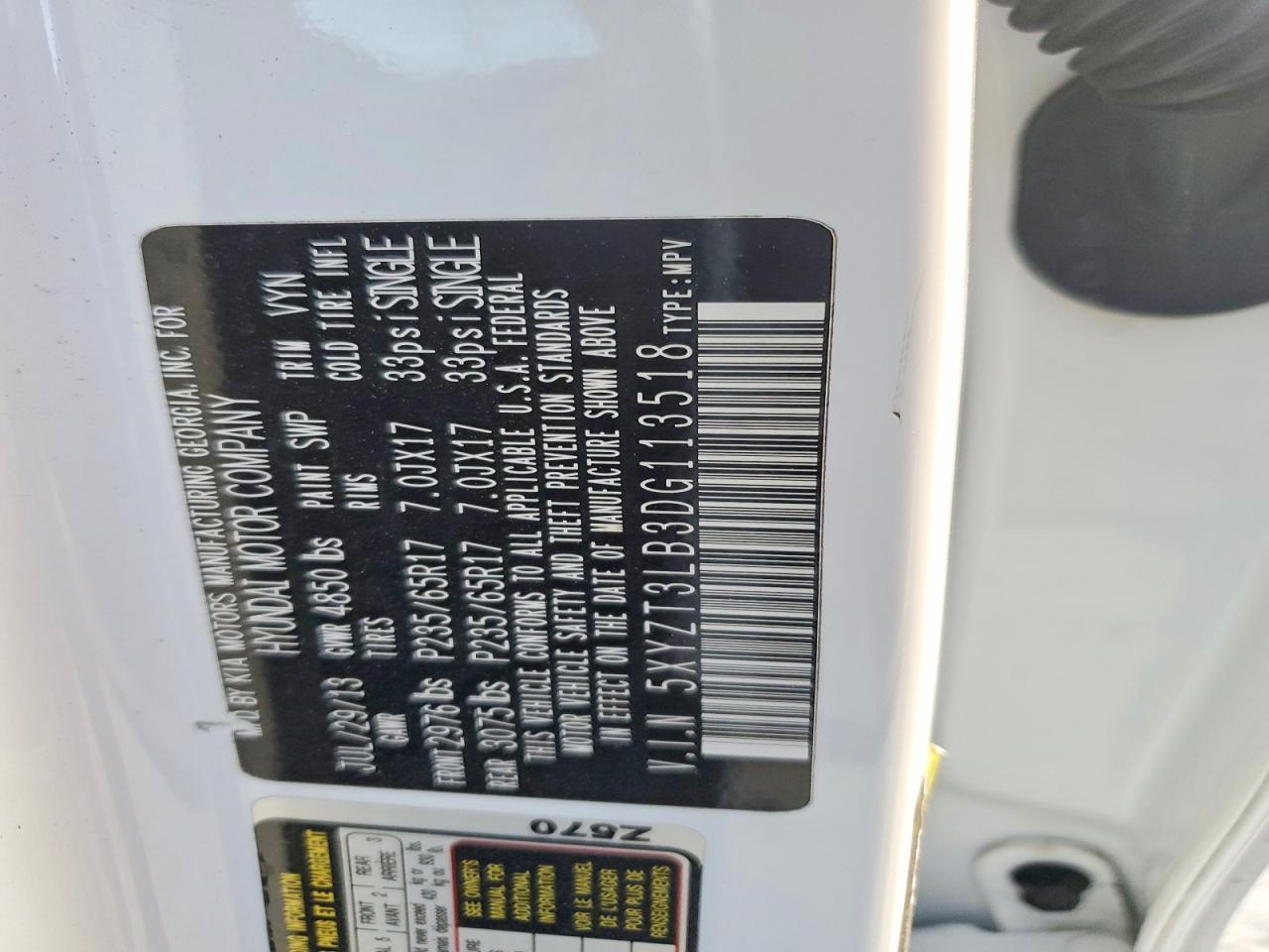 2013 Hyundai Santa Fe Sport White vin: 5XYZT3LB3DG113518