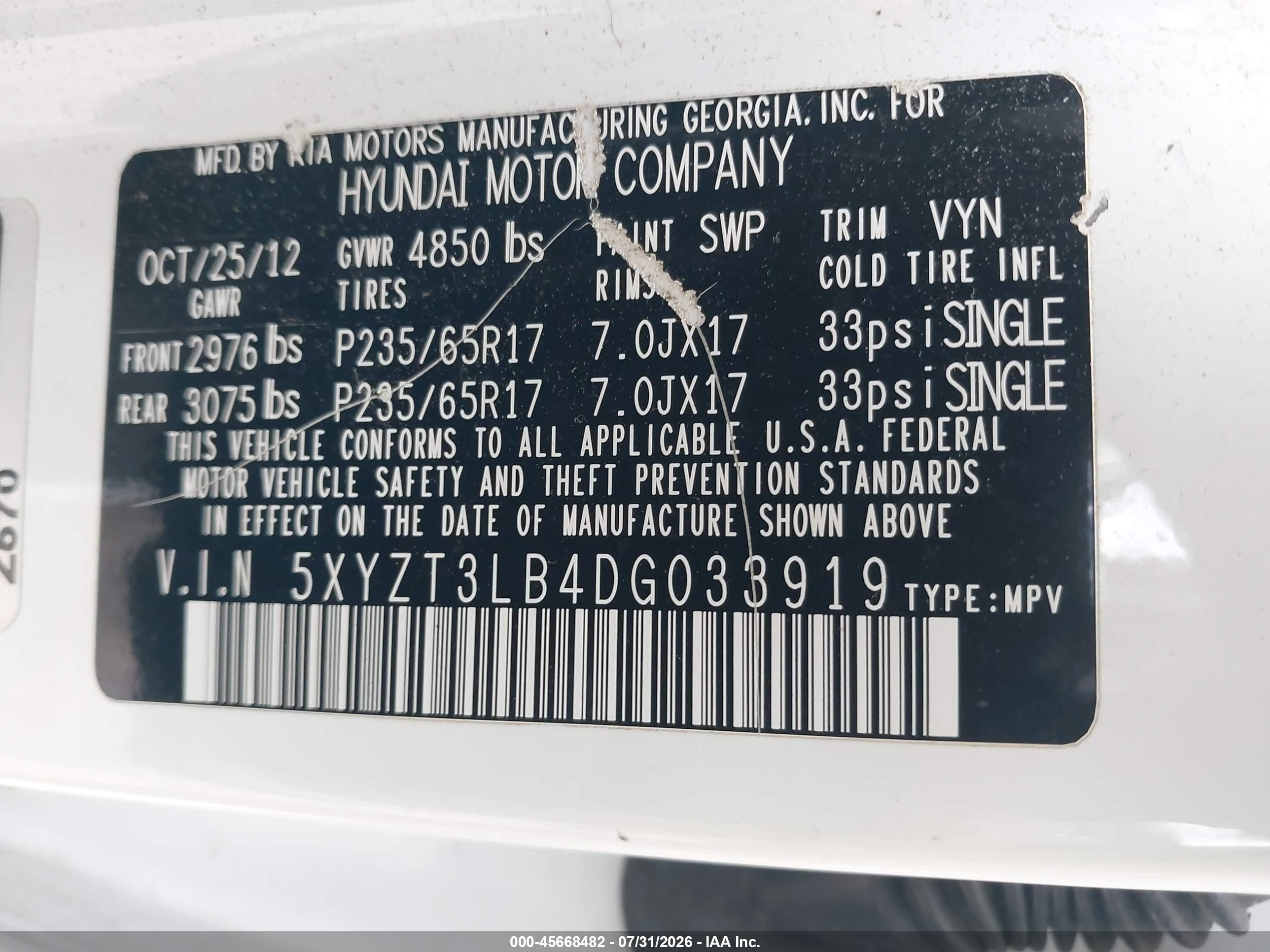 2013 Hyundai Santa Fe Sport White vin: 5XYZT3LB4DG033919