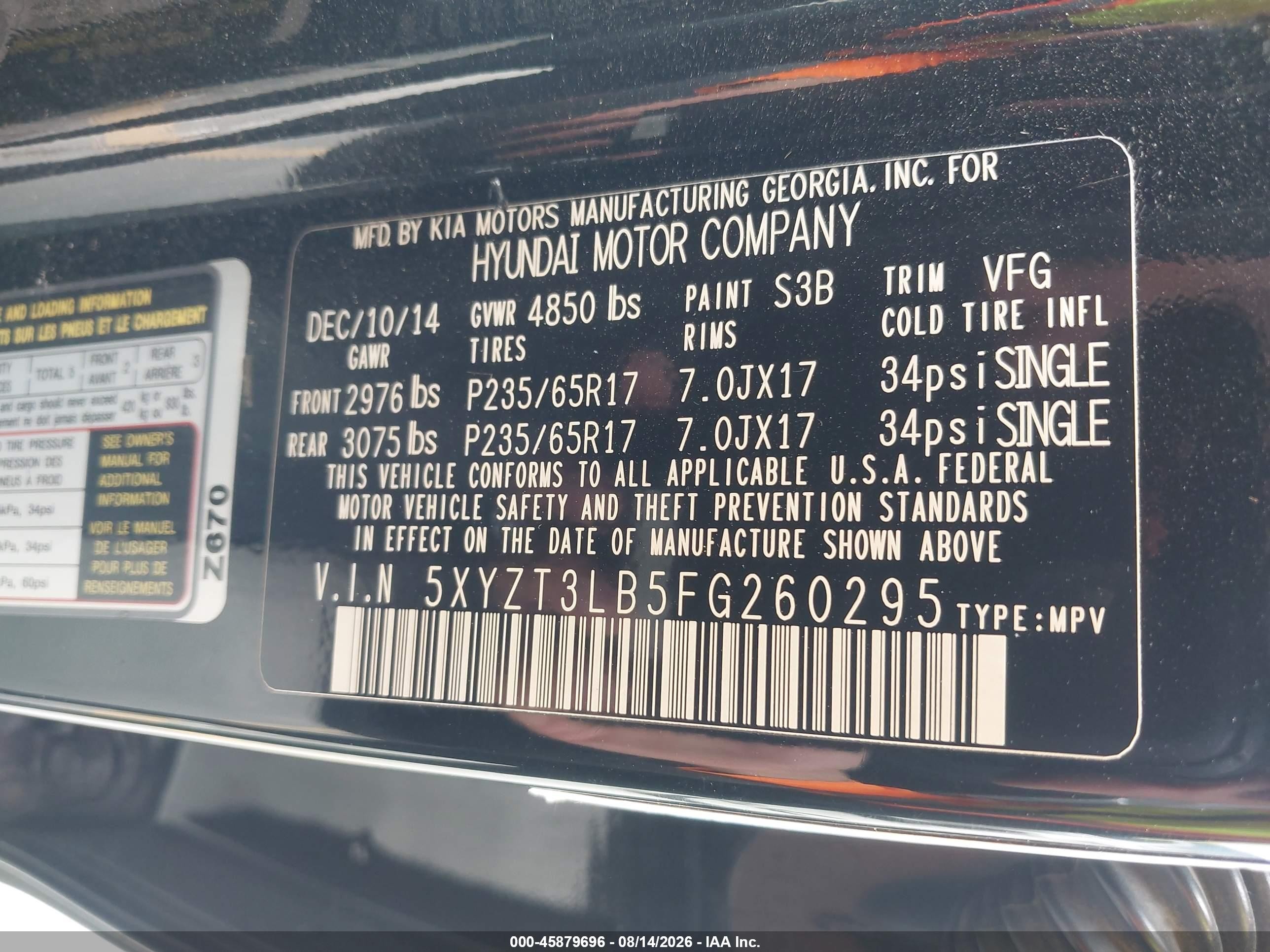 2015 Hyundai Santa Fe Sport 2.4l Black vin: 5XYZT3LB5FG260295