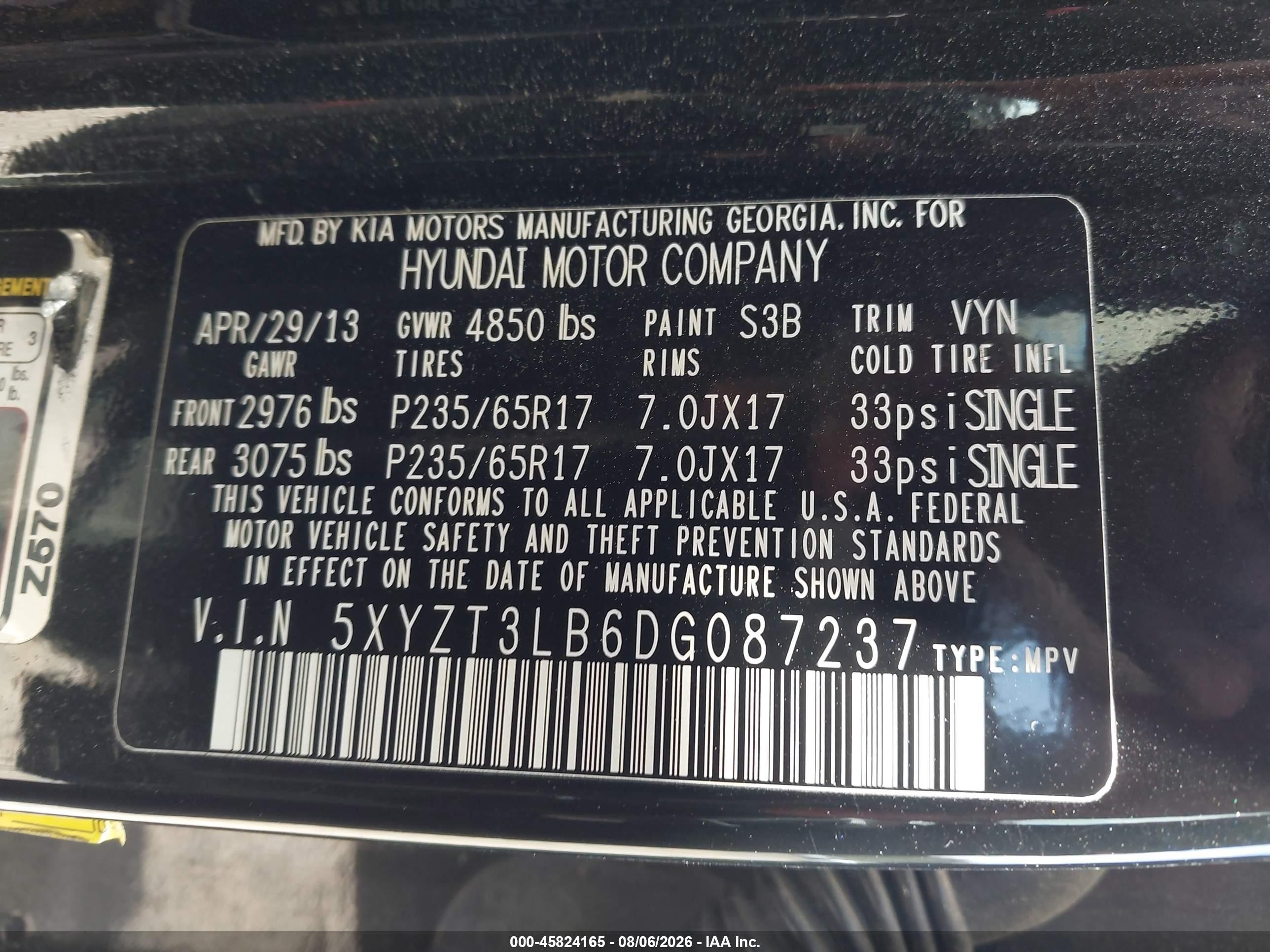 2013 Hyundai Santa Fe Sport Black vin: 5XYZT3LB6DG087237