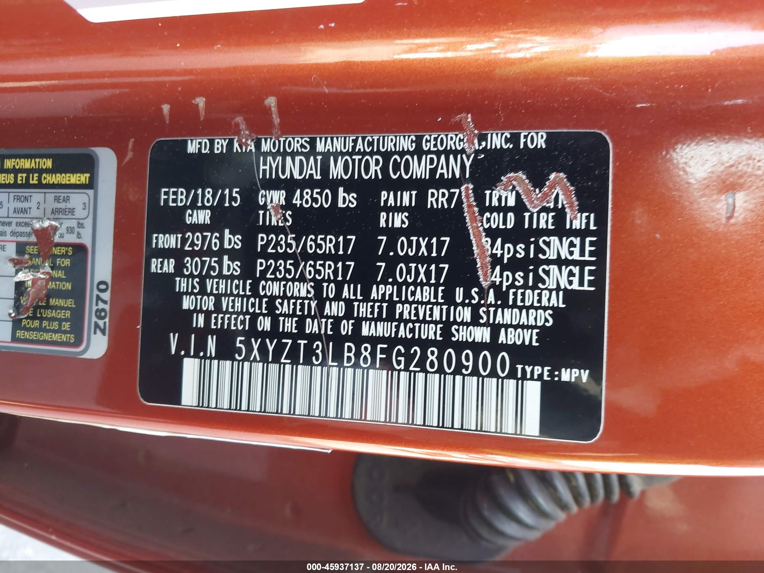 2015 Hyundai Santa Fe Sport 2.4l Orange vin: 5XYZT3LB8FG280900