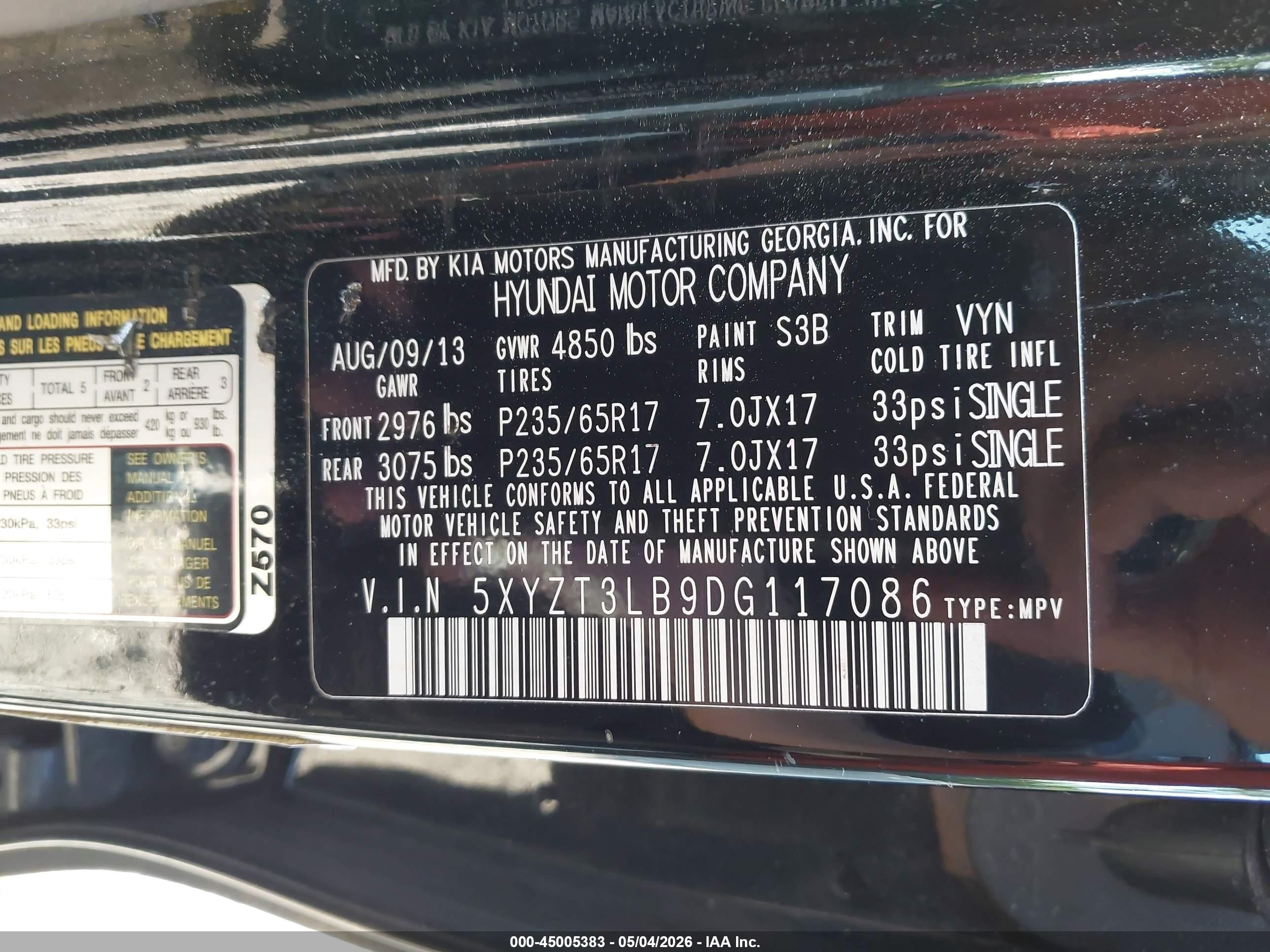 2013 Hyundai Santa Fe Sport Black vin: 5XYZT3LB9DG117086