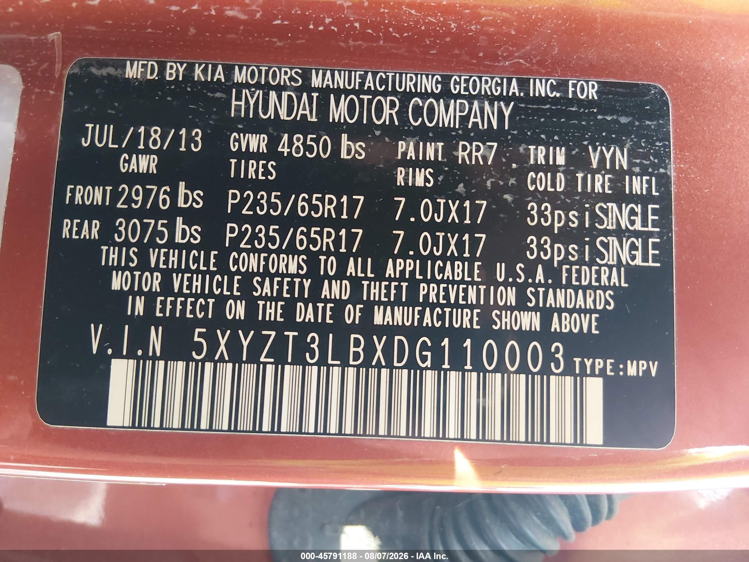 2013 Hyundai Santa Fe Sport Orange vin: 5XYZT3LBXDG110003