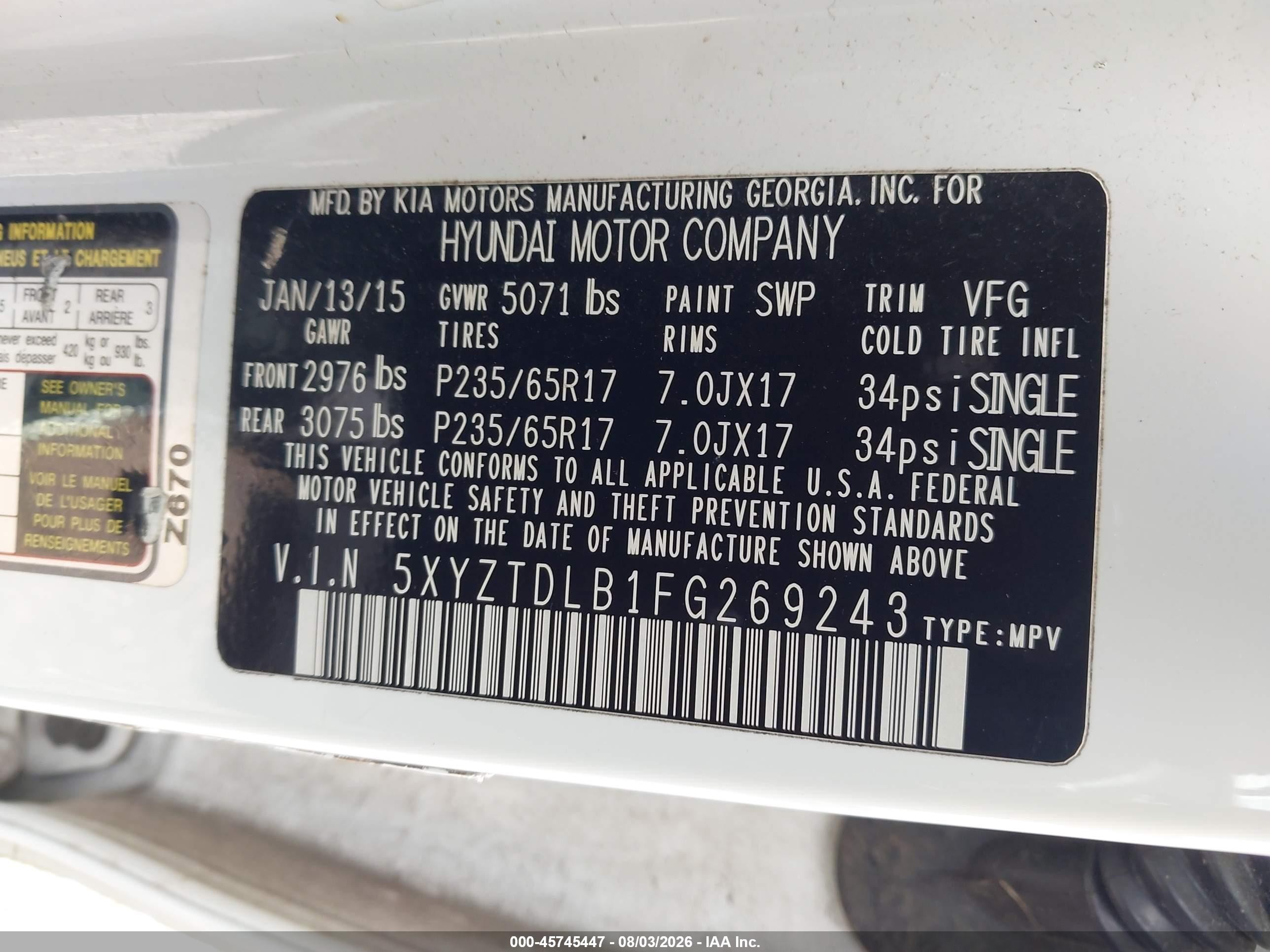 2015 Hyundai Santa Fe Sport 2.4l White vin: 5XYZTDLB1FG269243