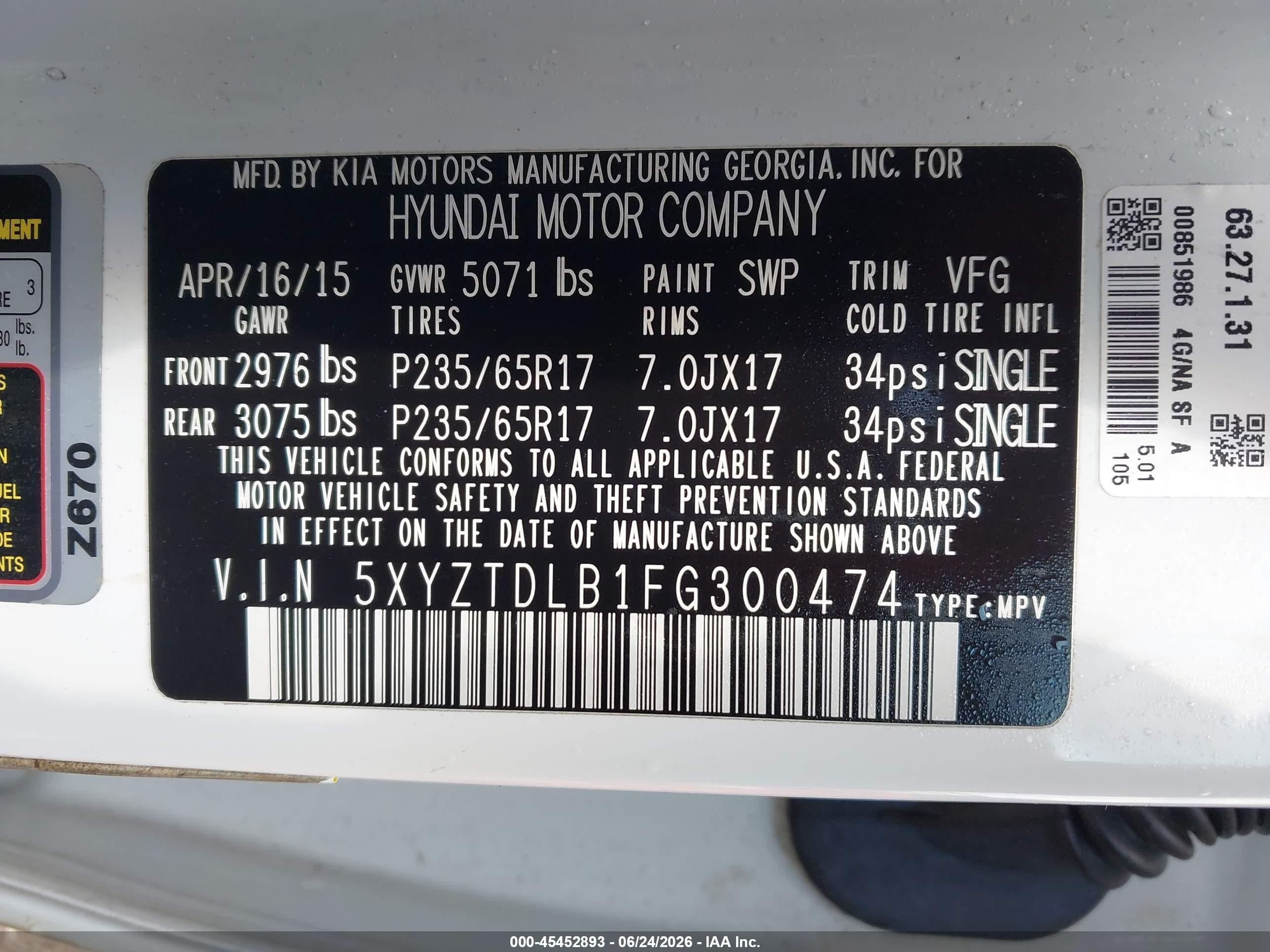 2015 Hyundai Santa Fe Sport 2.4l White vin: 5XYZTDLB1FG300474