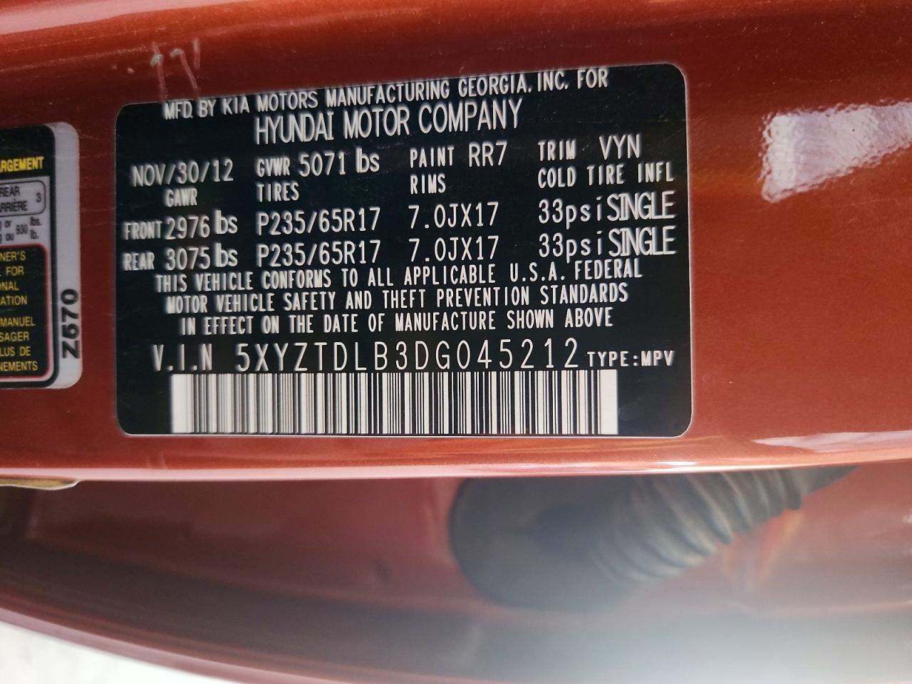 2013 Hyundai Santa Fe Sport 2.4l Orange vin: 5XYZTDLB3DG045212