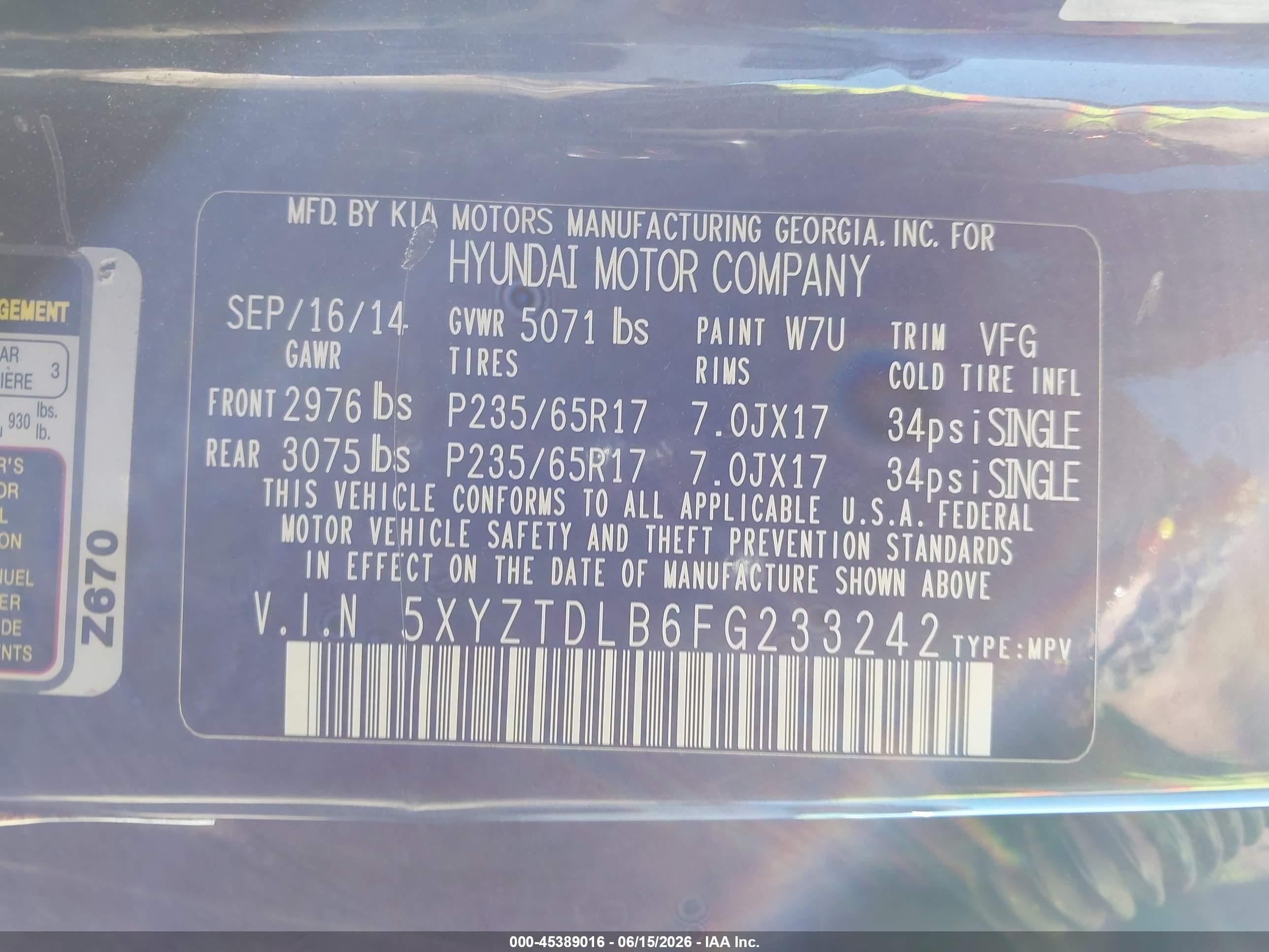 2015 Hyundai Santa Fe Sport 2.4l Blue vin: 5XYZTDLB6FG233242