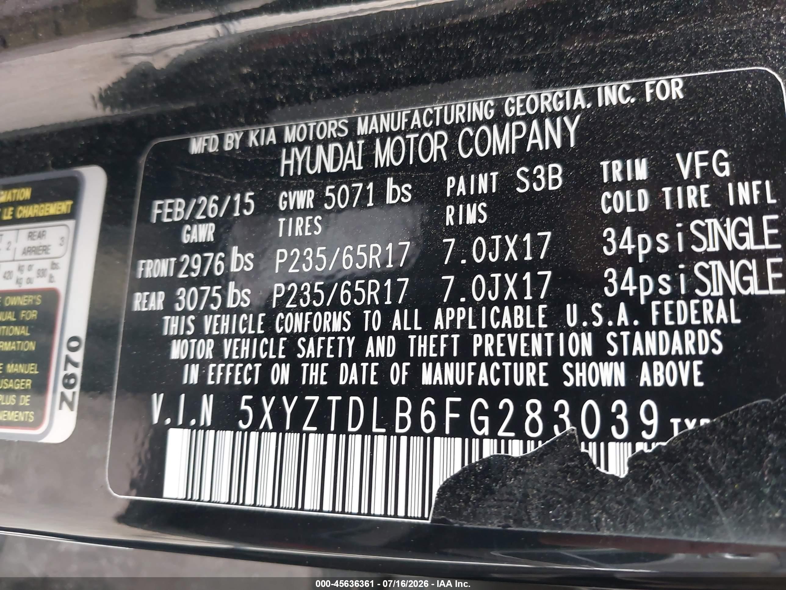 2015 Hyundai Santa Fe Sport 2.4l Black vin: 5XYZTDLB6FG283039