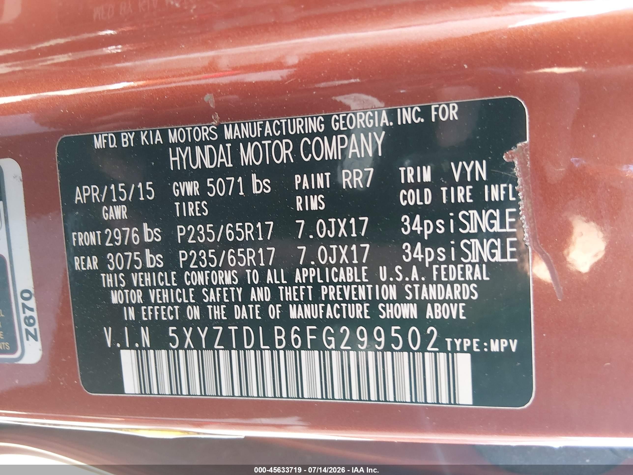 2015 Hyundai Santa Fe Sport 2.4l Orange vin: 5XYZTDLB6FG299502