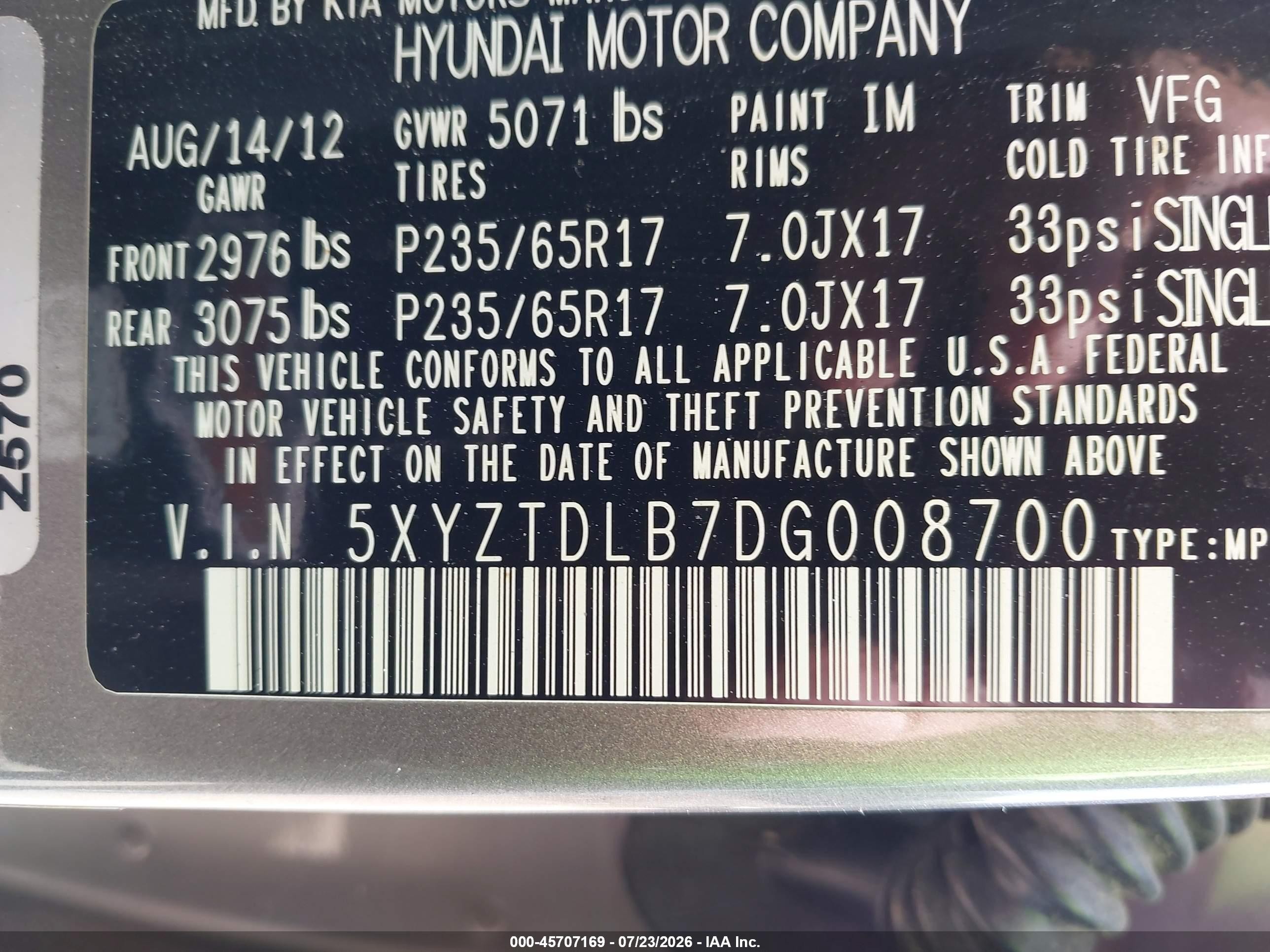 2013 Hyundai Santa Fe Sport Gray vin: 5XYZTDLB7DG008700