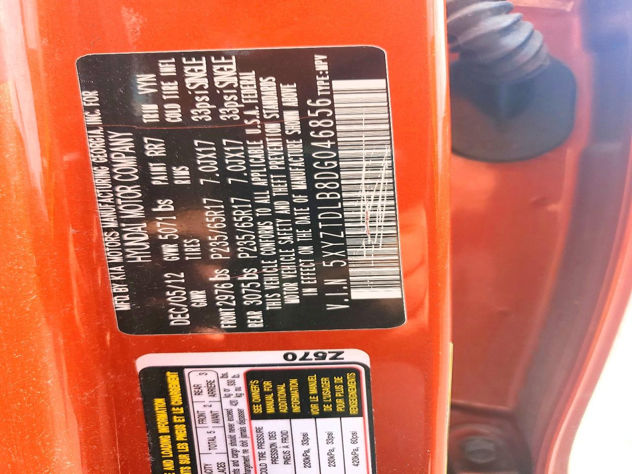 2013 Hyundai Santa Fe Sport 2.4l Orange vin: 5XYZTDLB8DG046856