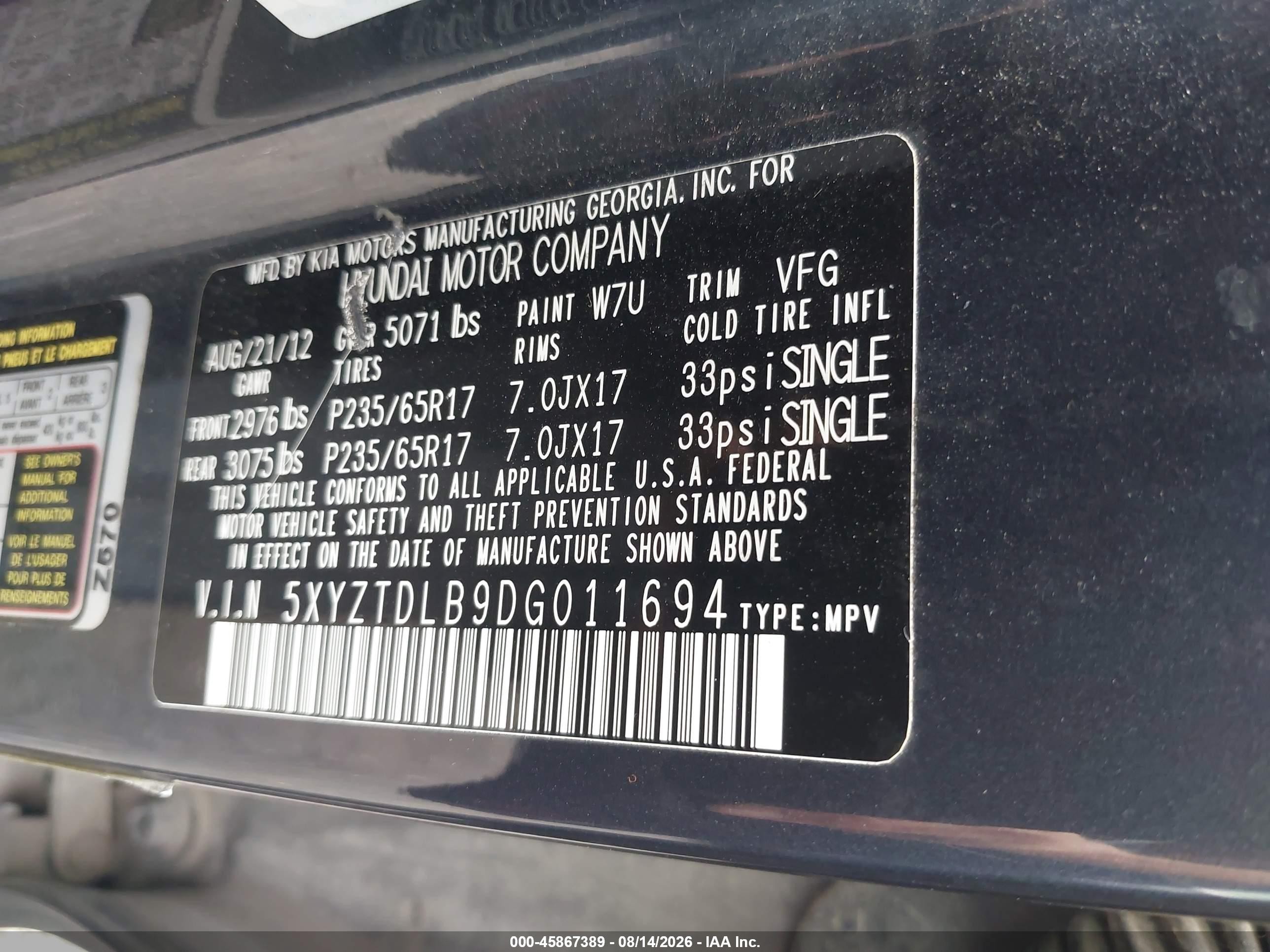 2013 Hyundai Santa Fe Sport Blue vin: 5XYZTDLB9DG011694