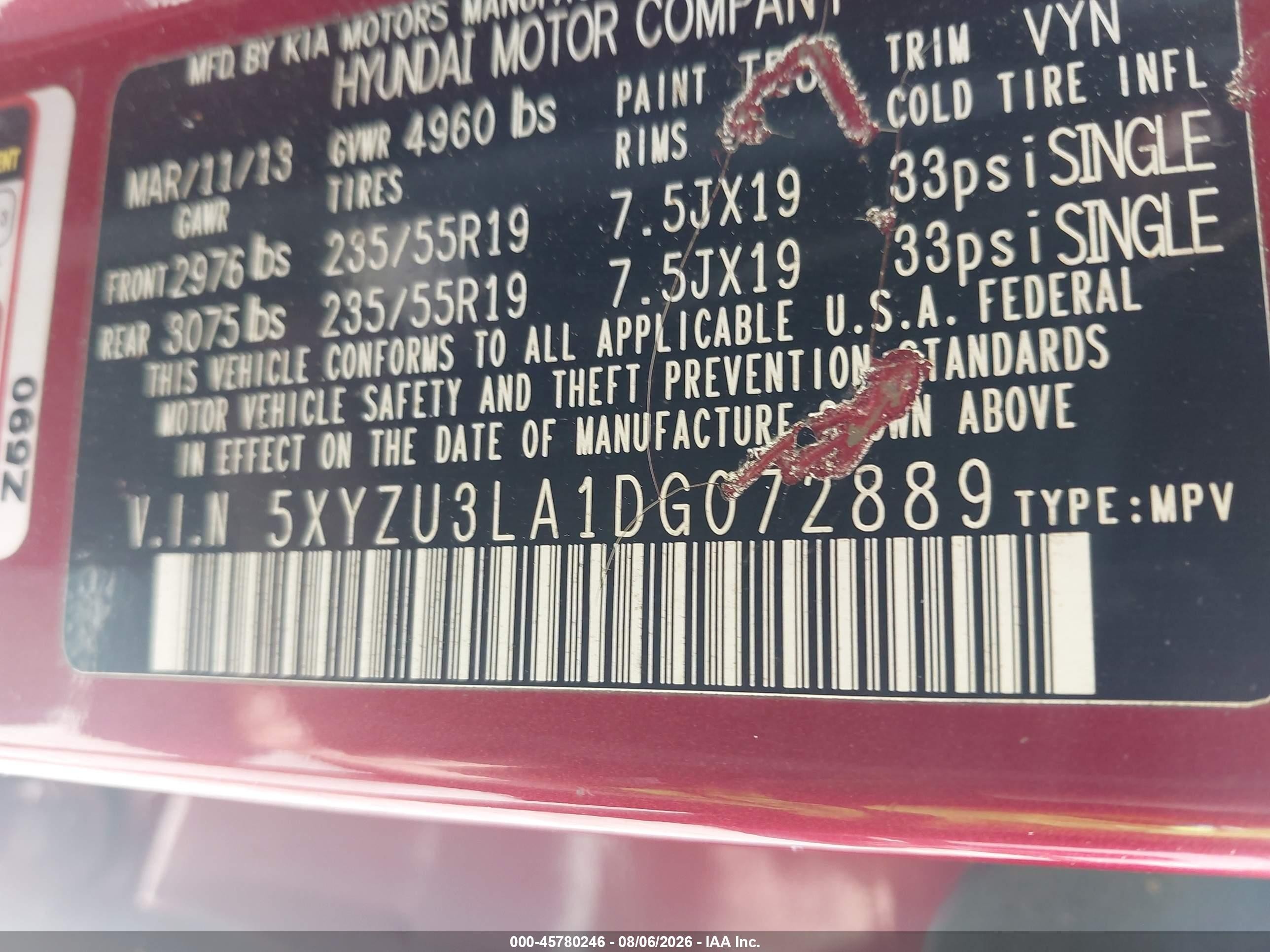 2013 Hyundai Santa Fe Sport 2.0t Red vin: 5XYZU3LA1DG072889