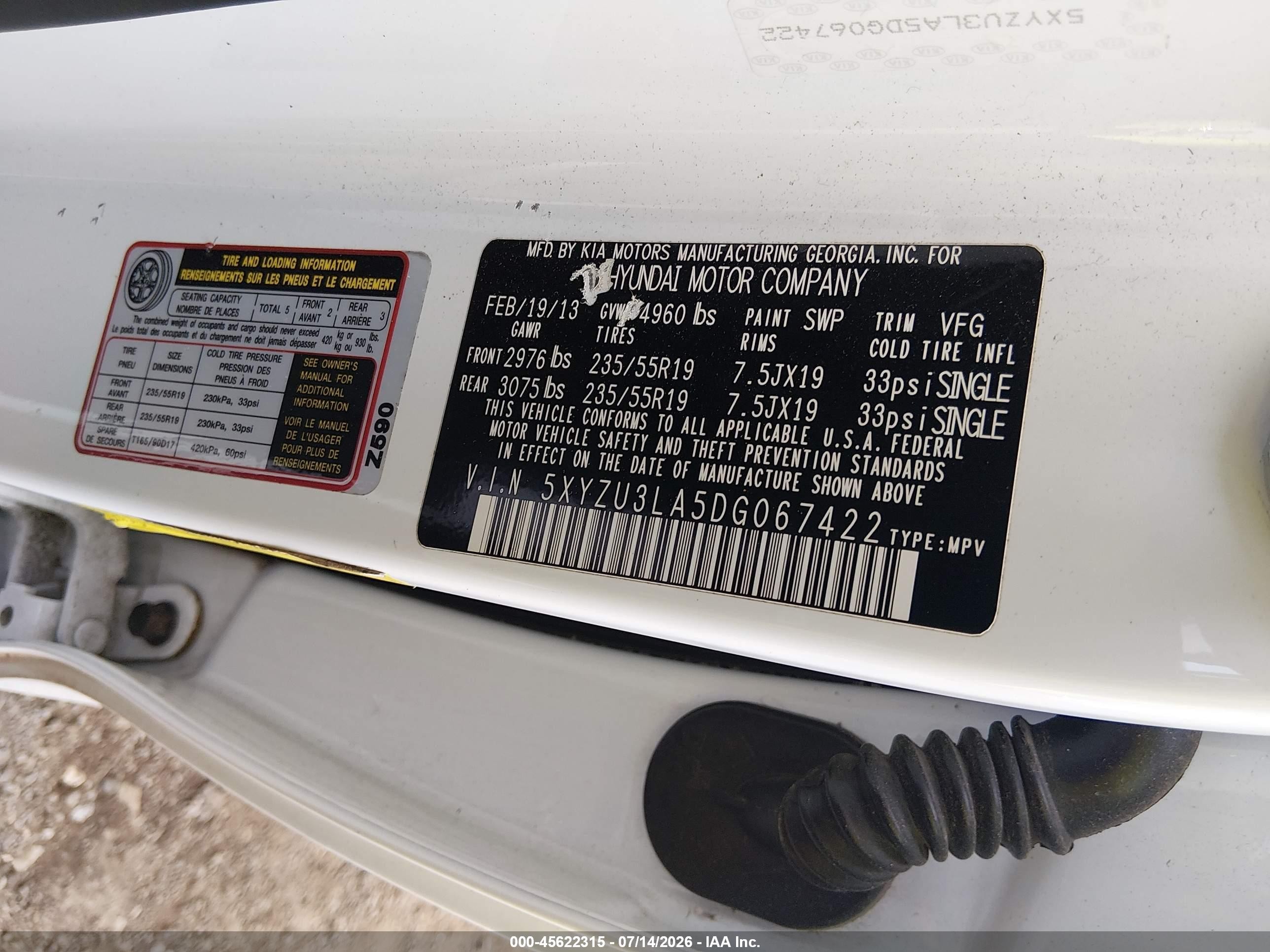 2013 Hyundai Santa Fe Sport 2.0t White vin: 5XYZU3LA5DG067422