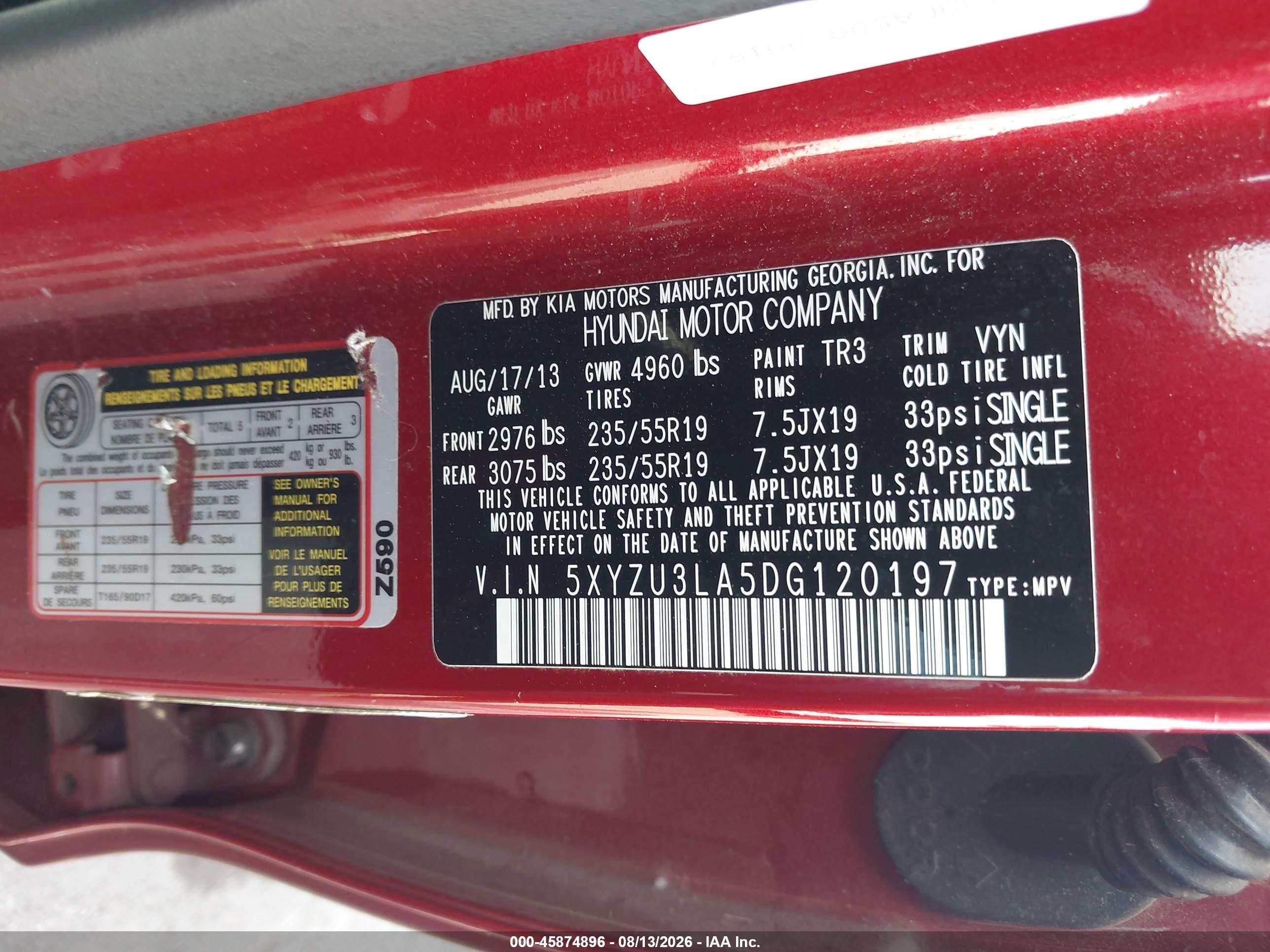 2013 Hyundai Santa Fe Sport 2.0t Red vin: 5XYZU3LA5DG120197