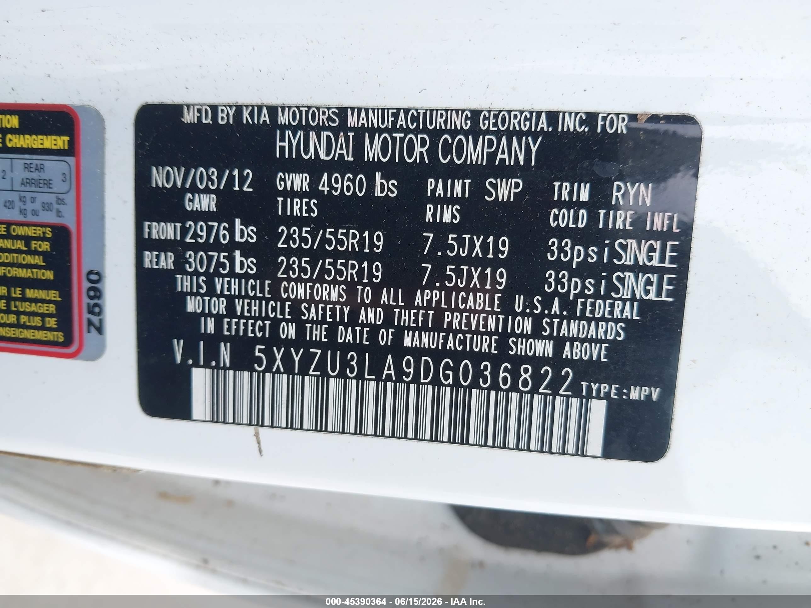 2013 Hyundai Santa Fe Sport 2.0t White vin: 5XYZU3LA9DG036822