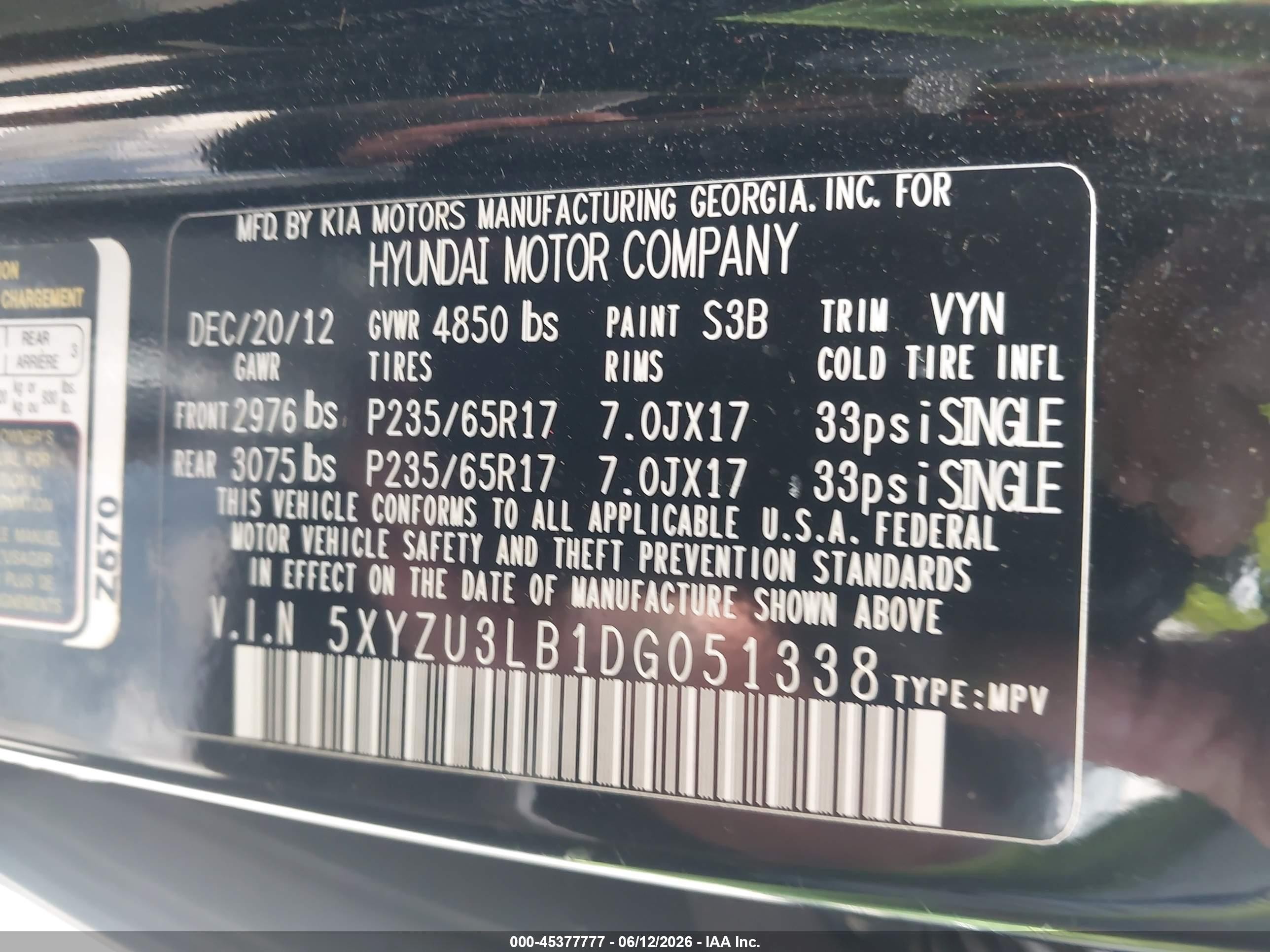 2013 Hyundai Santa Fe Sport Black vin: 5XYZU3LB1DG051338