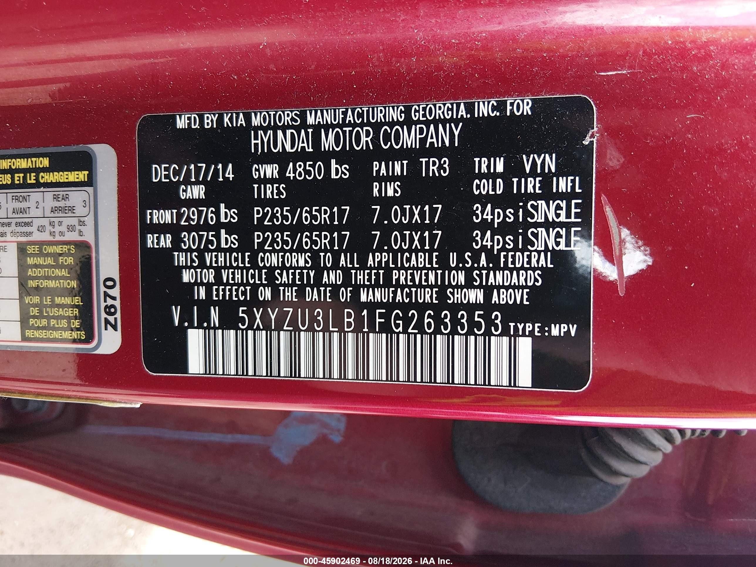 2015 Hyundai Santa Fe Sport 2.4l Red vin: 5XYZU3LB1FG263353