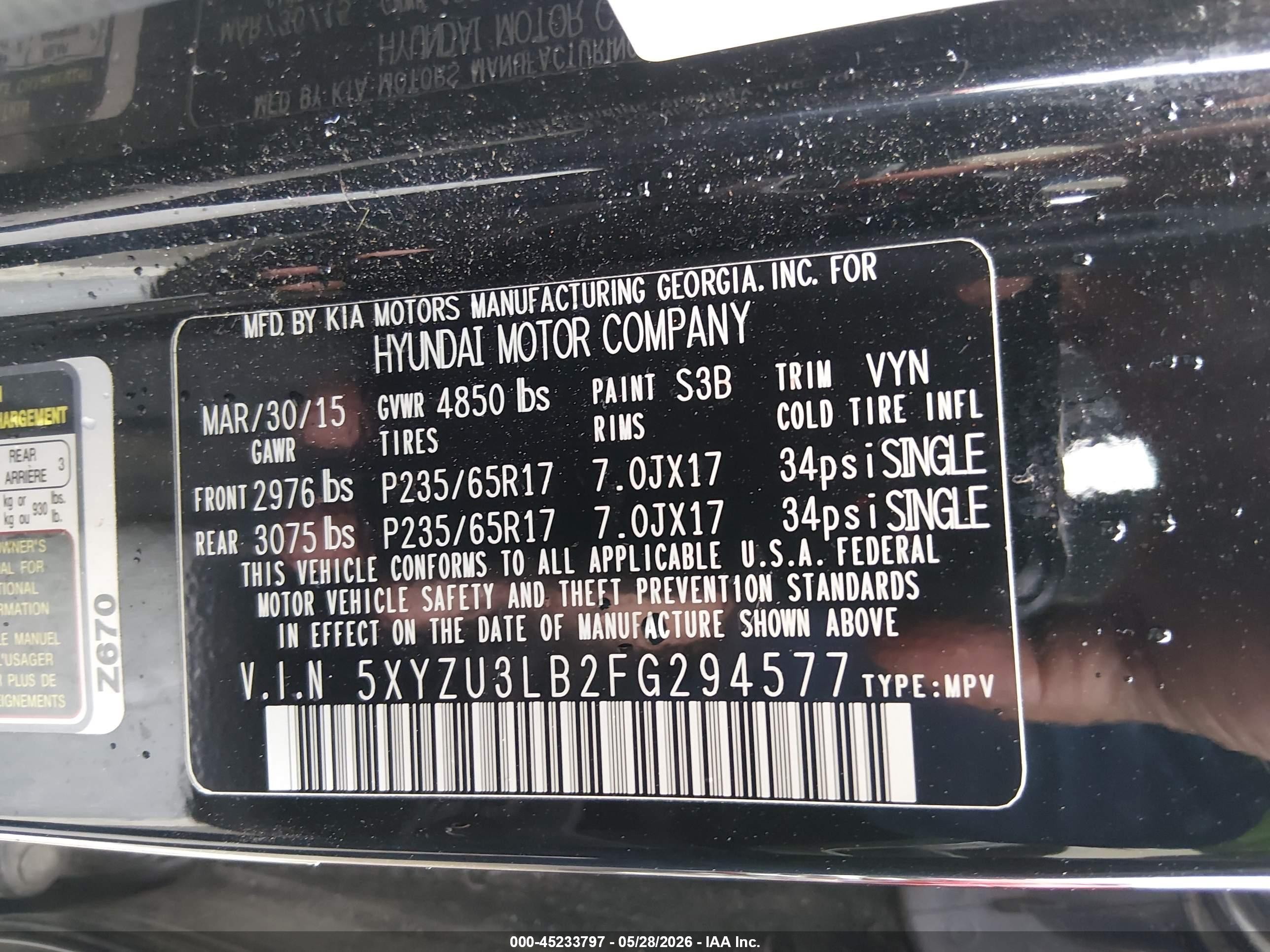2015 Hyundai Santa Fe Sport 2.4l Black vin: 5XYZU3LB2FG294577