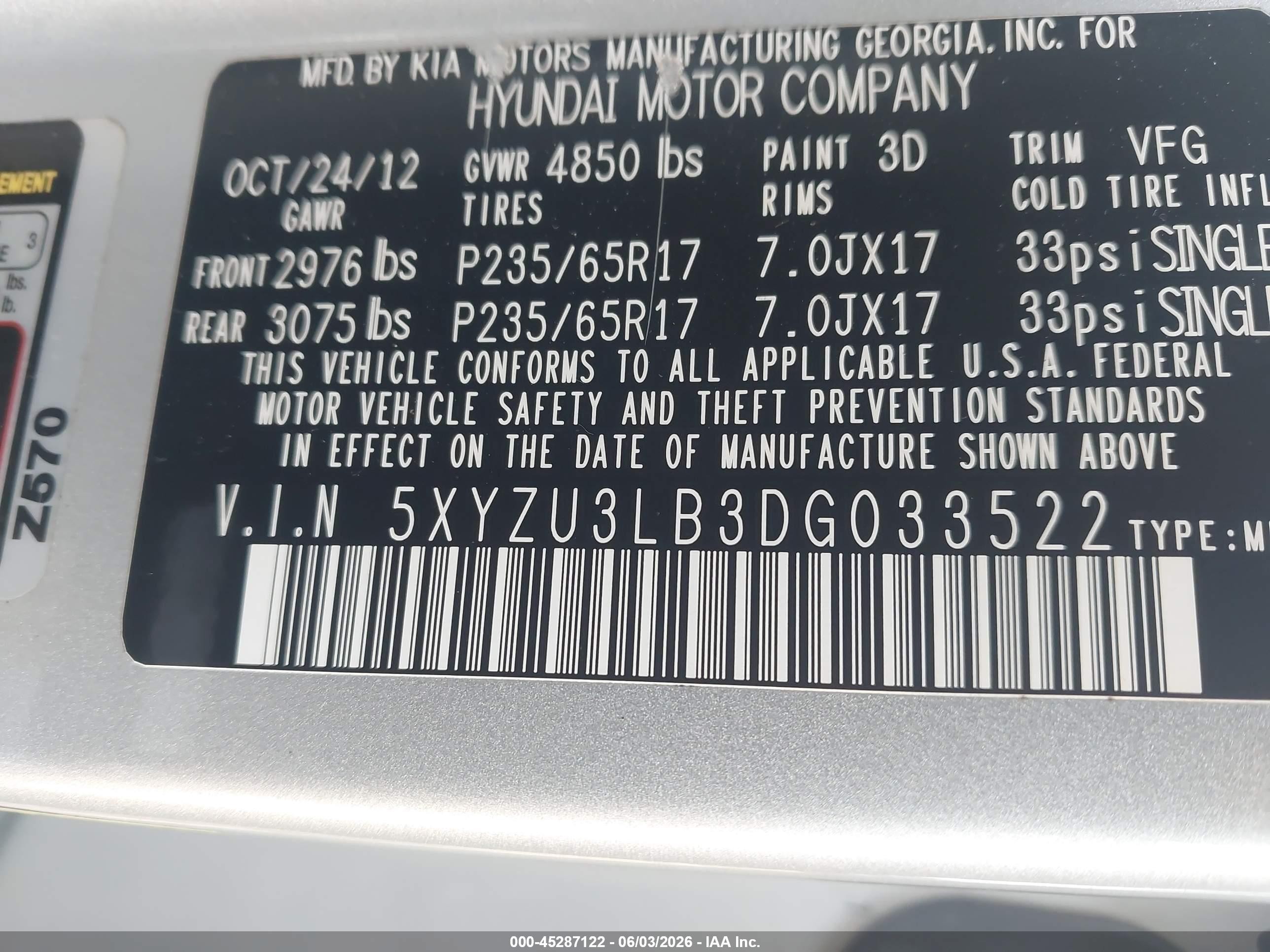 2013 Hyundai Santa Fe Sport Gray vin: 5XYZU3LB3DG033522