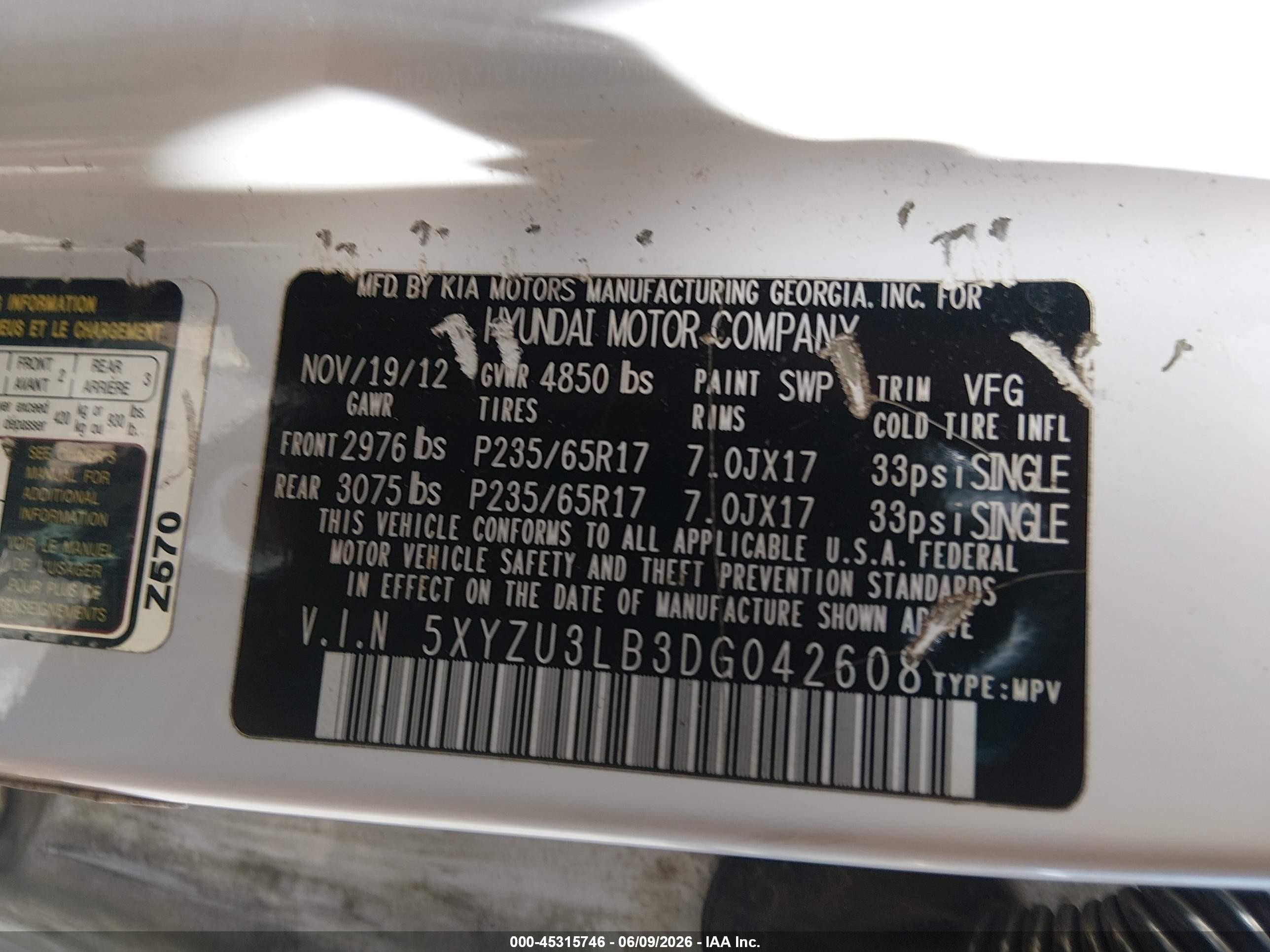 2013 Hyundai Santa Fe Sport White vin: 5XYZU3LB3DG042608