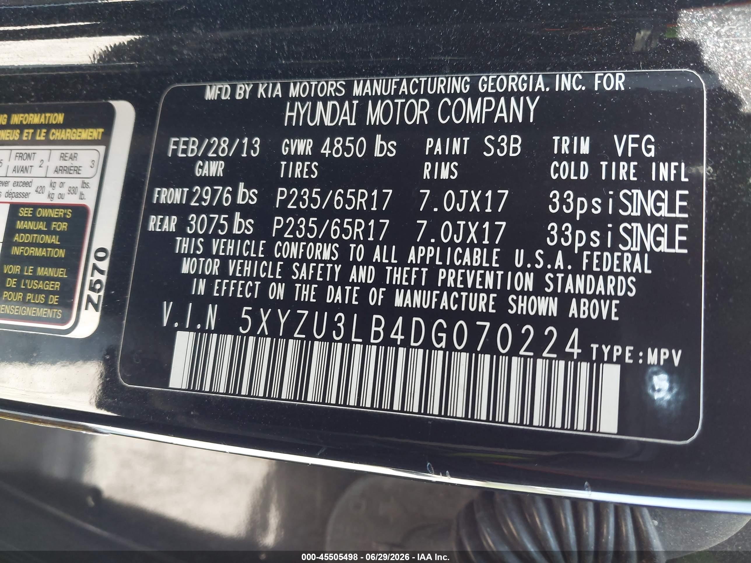 2013 Hyundai Santa Fe Sport Black vin: 5XYZU3LB4DG070224