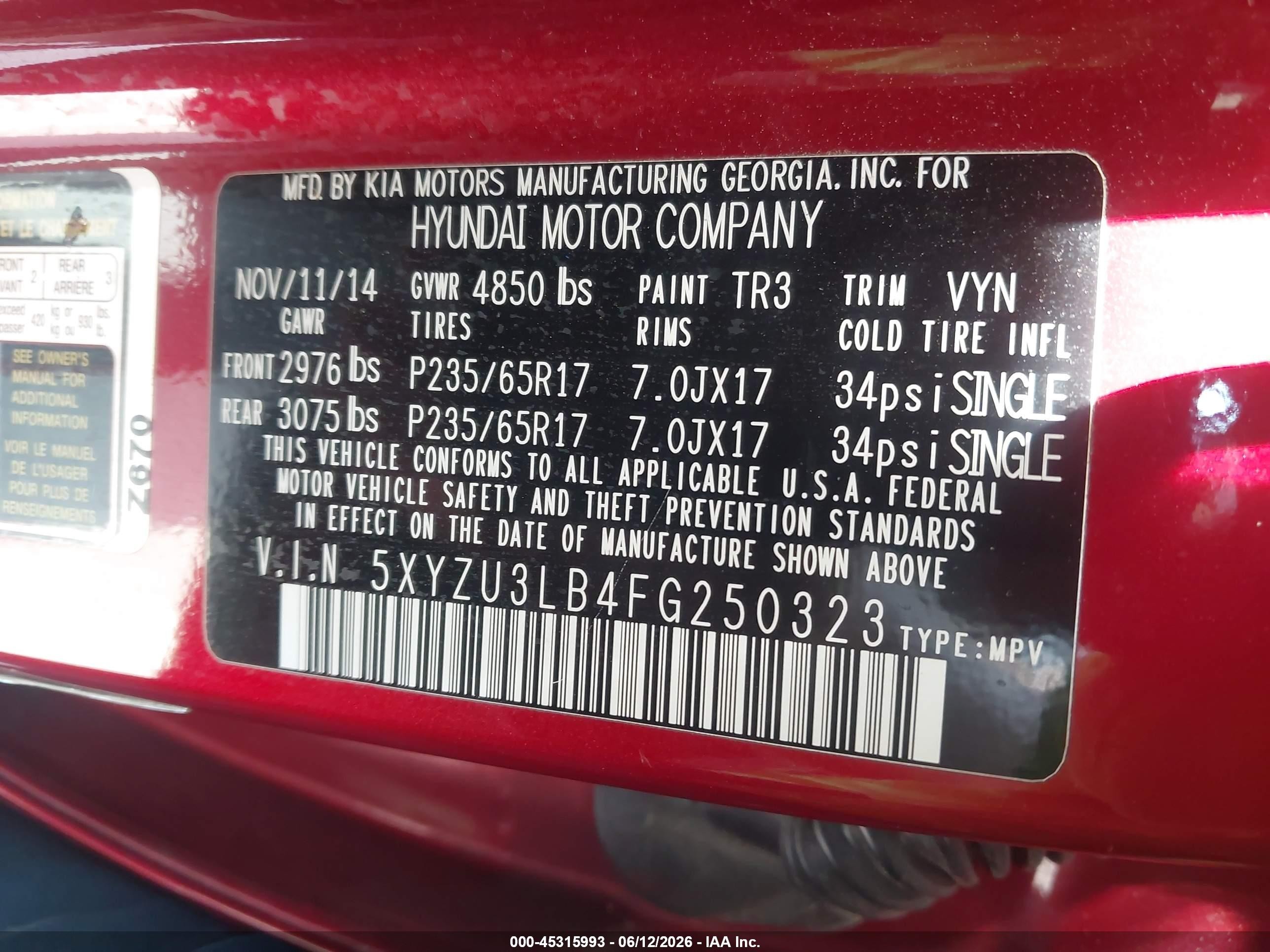 2015 Hyundai Santa Fe Sport 2.4l Red vin: 5XYZU3LB4FG250323