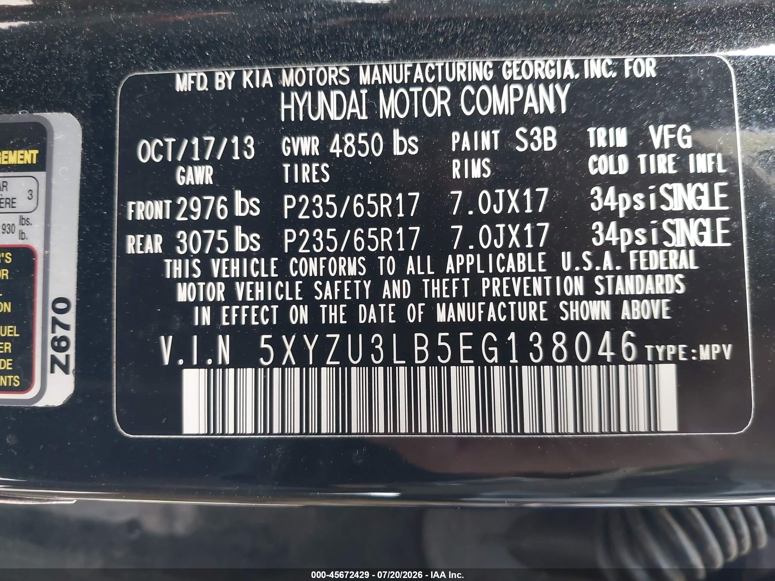 2014 Hyundai Santa Fe Sport 2.4l Black vin: 5XYZU3LB5EG138046