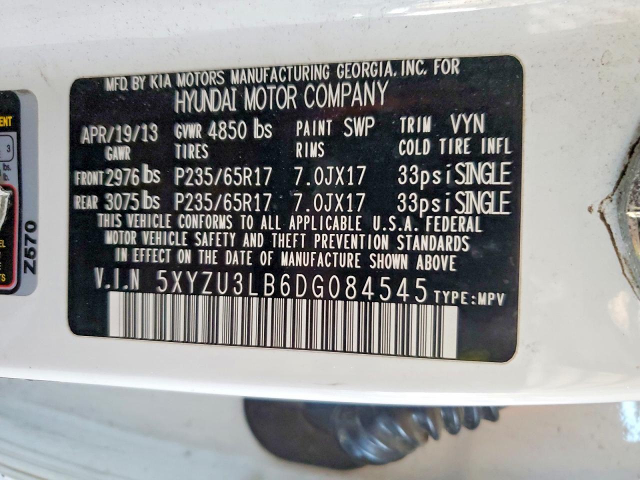 2013 Hyundai Santa Fe Sport White vin: 5XYZU3LB6DG084545
