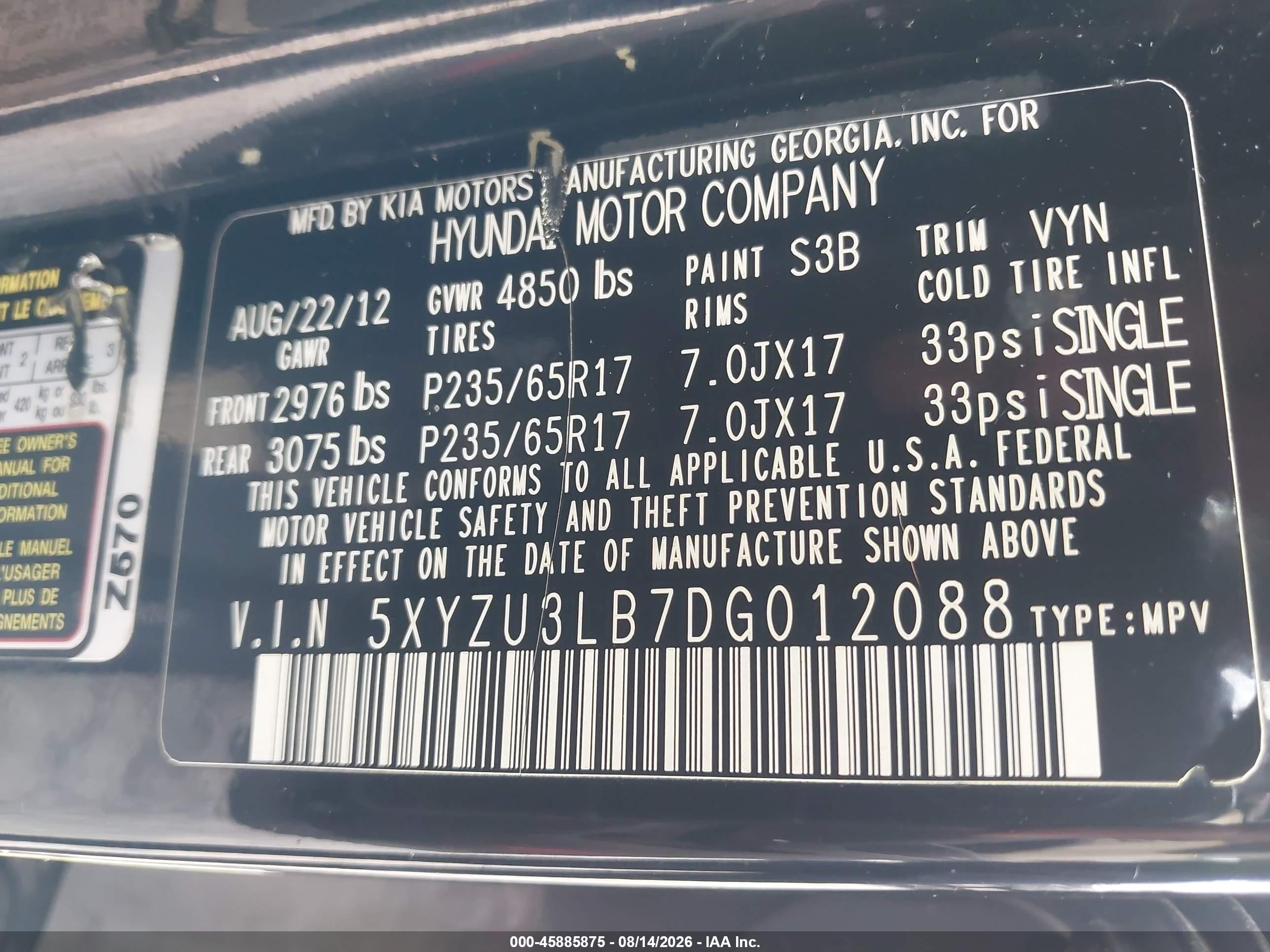 2013 Hyundai Santa Fe Sport Black vin: 5XYZU3LB7DG012088