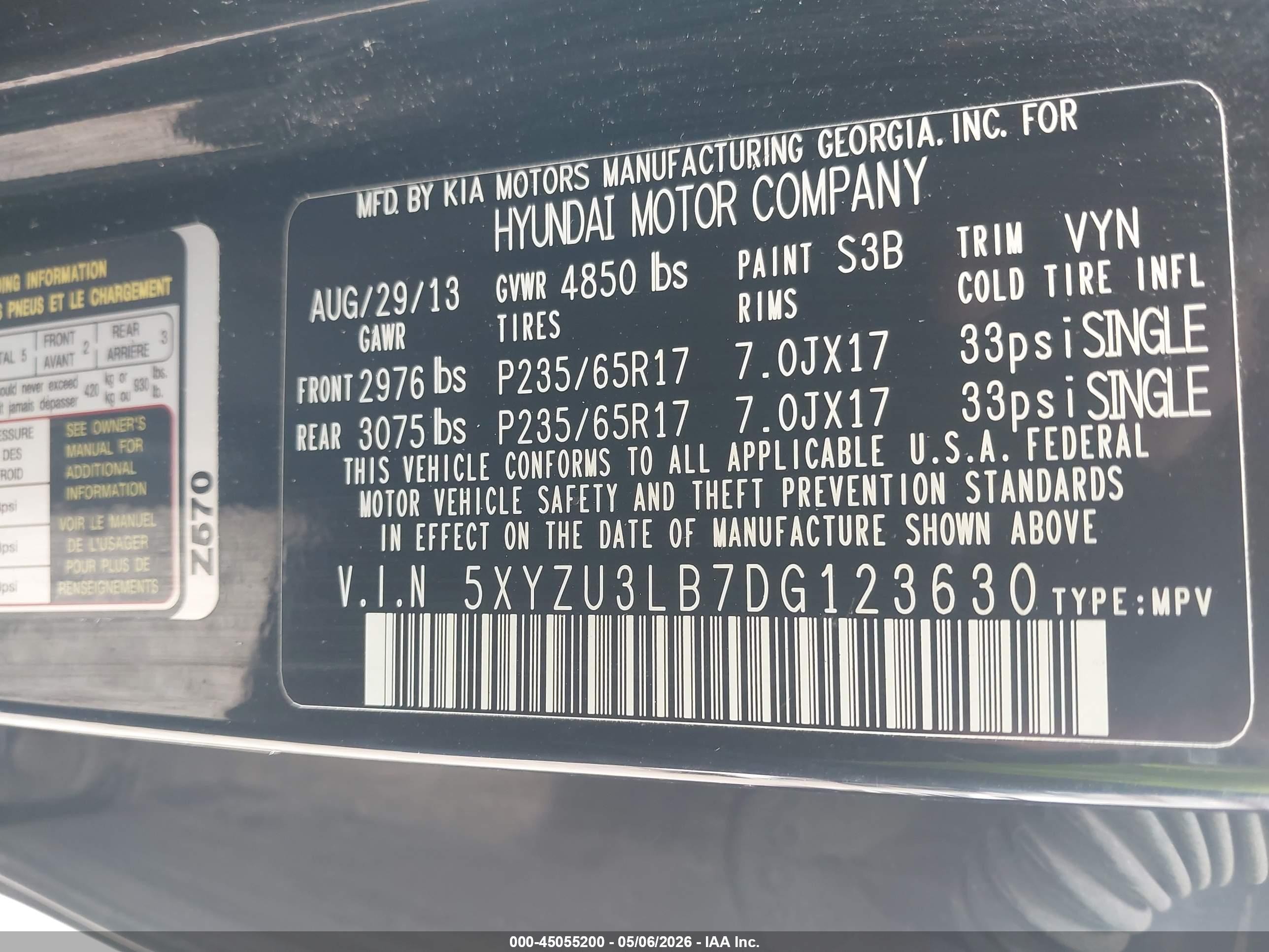 2013 Hyundai Santa Fe Sport Black vin: 5XYZU3LB7DG123630