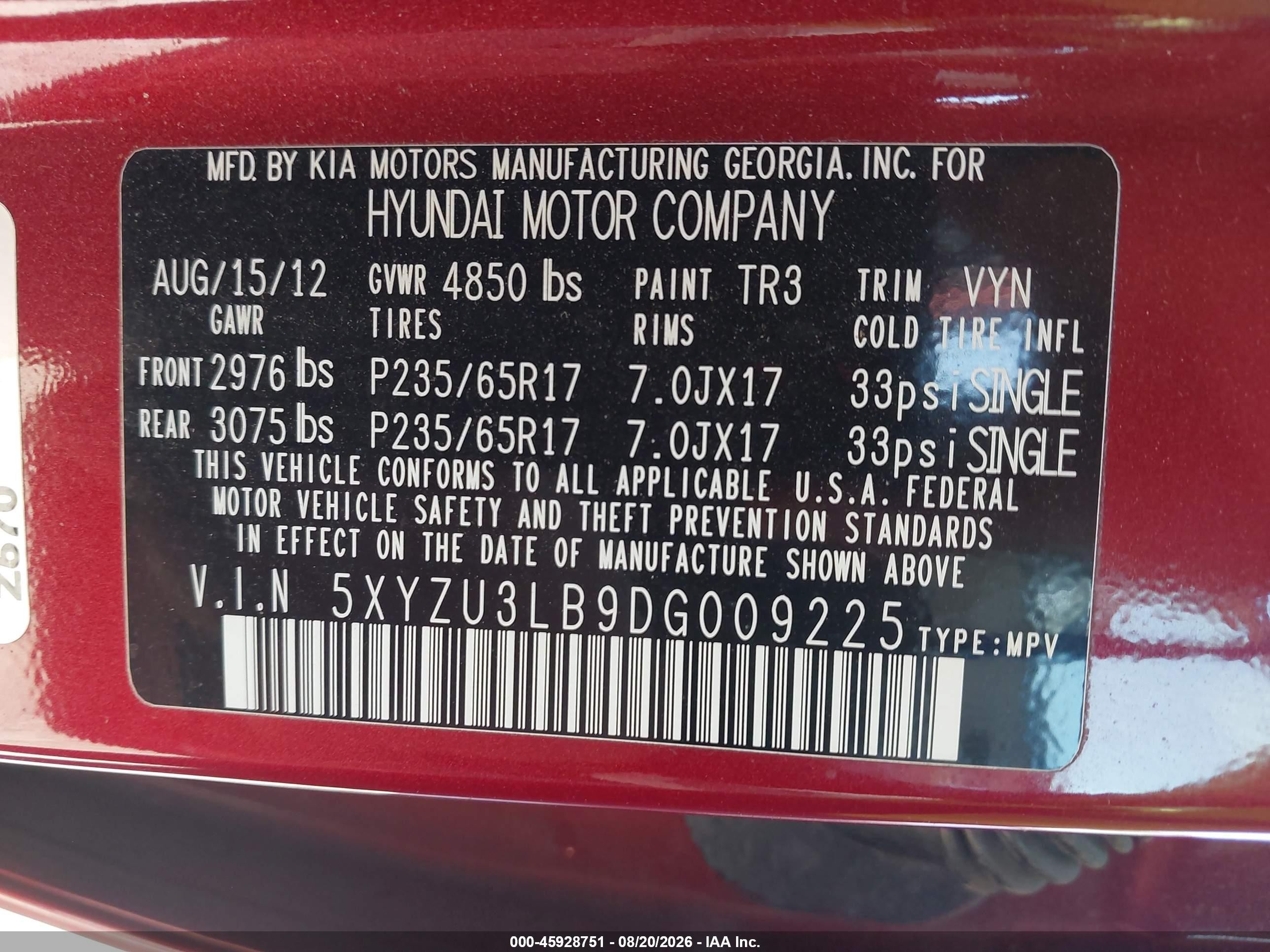 2013 Hyundai Santa Fe Sport Red vin: 5XYZU3LB9DG009225