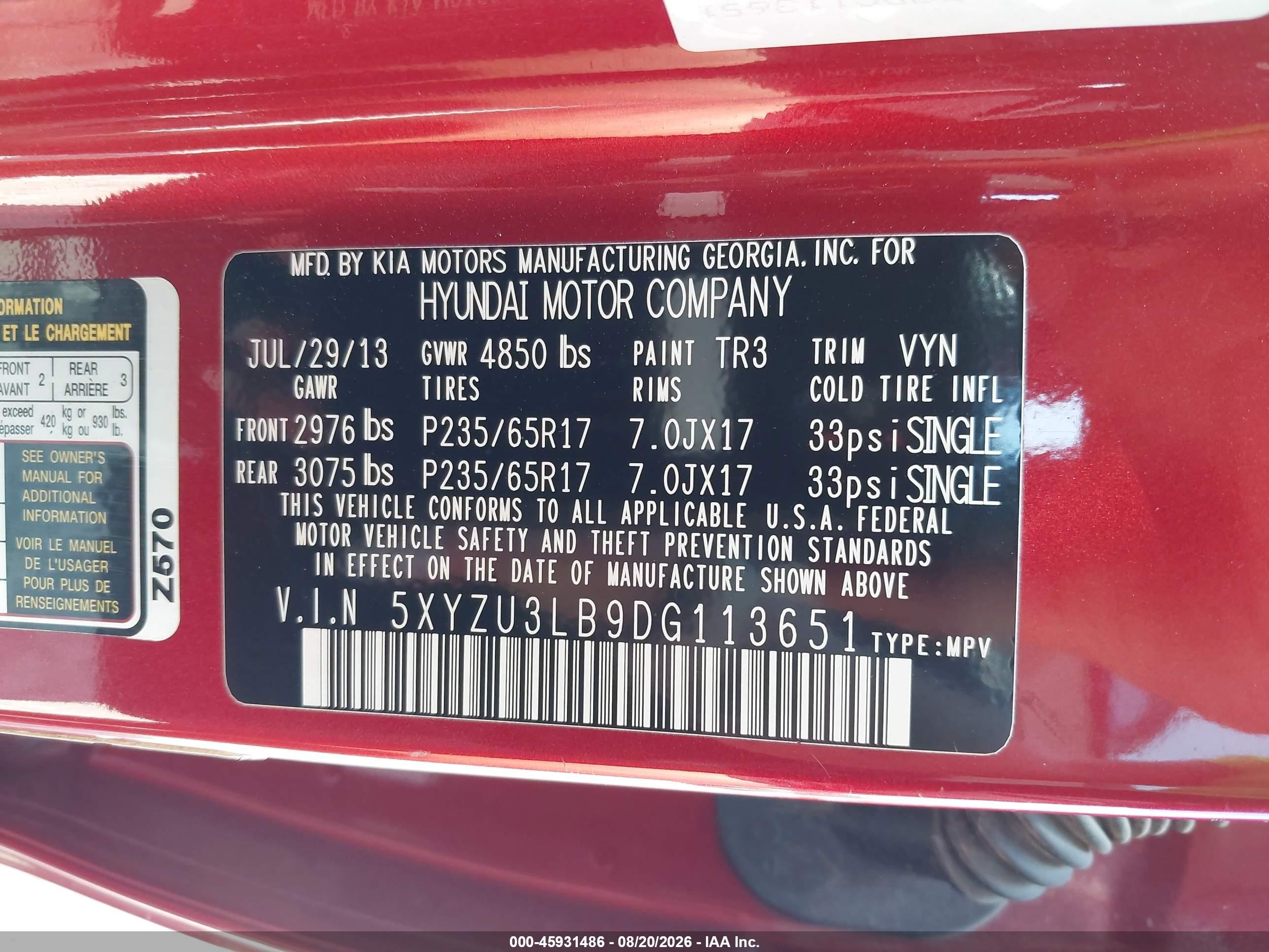 2013 Hyundai Santa Fe Sport Red vin: 5XYZU3LB9DG113651