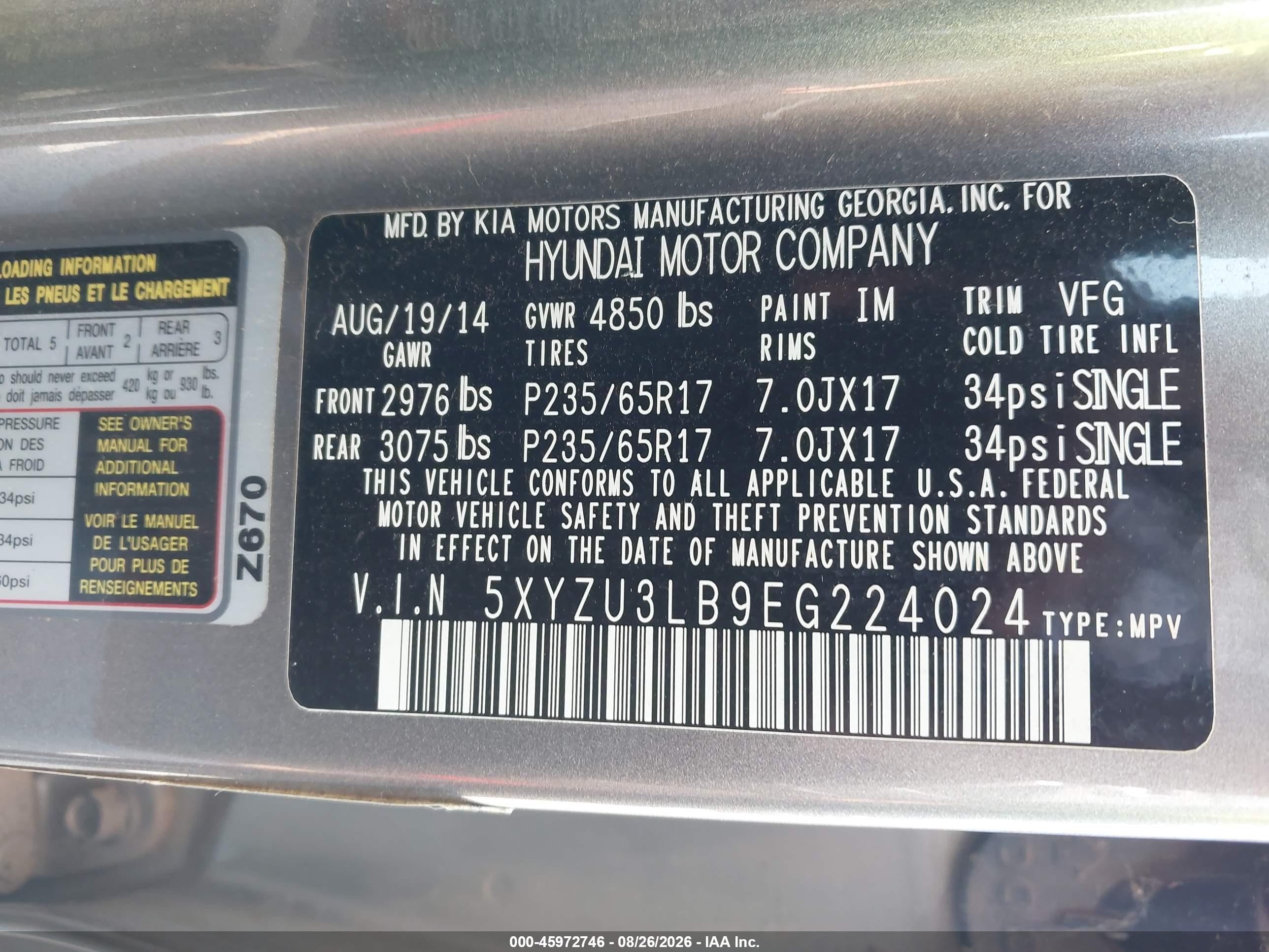 2014 Hyundai Santa Fe Sport 2.4l Gray vin: 5XYZU3LB9EG224024