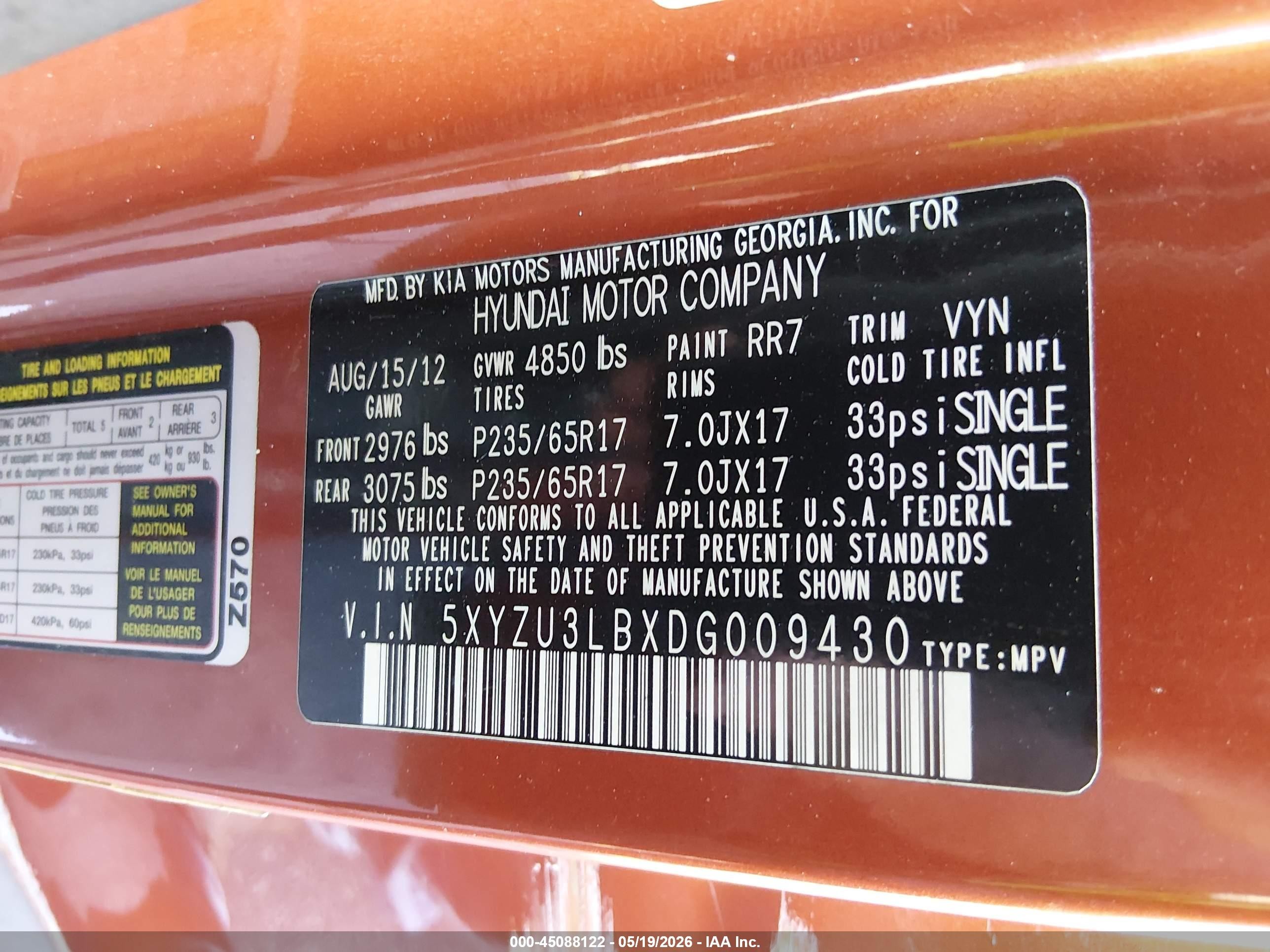 2013 Hyundai Santa Fe Sport Orange vin: 5XYZU3LBXDG009430