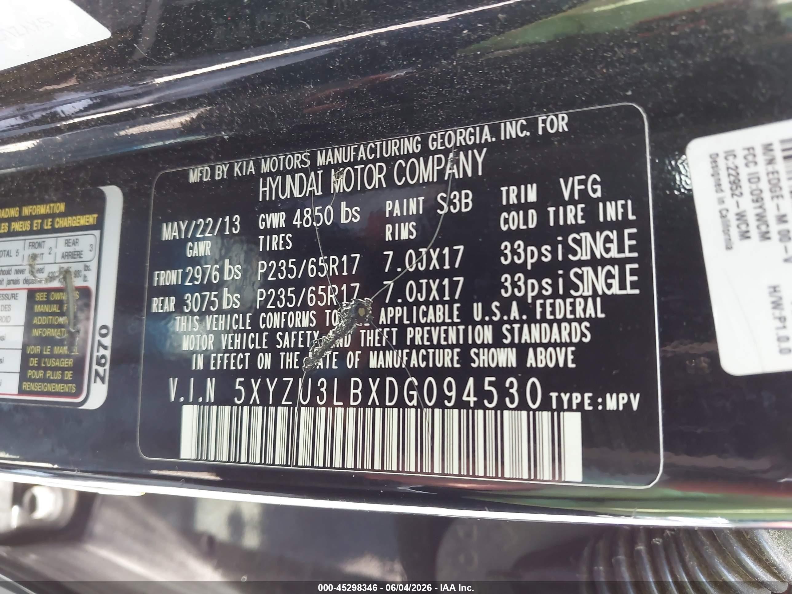 2013 Hyundai Santa Fe Sport Black vin: 5XYZU3LBXDG094530