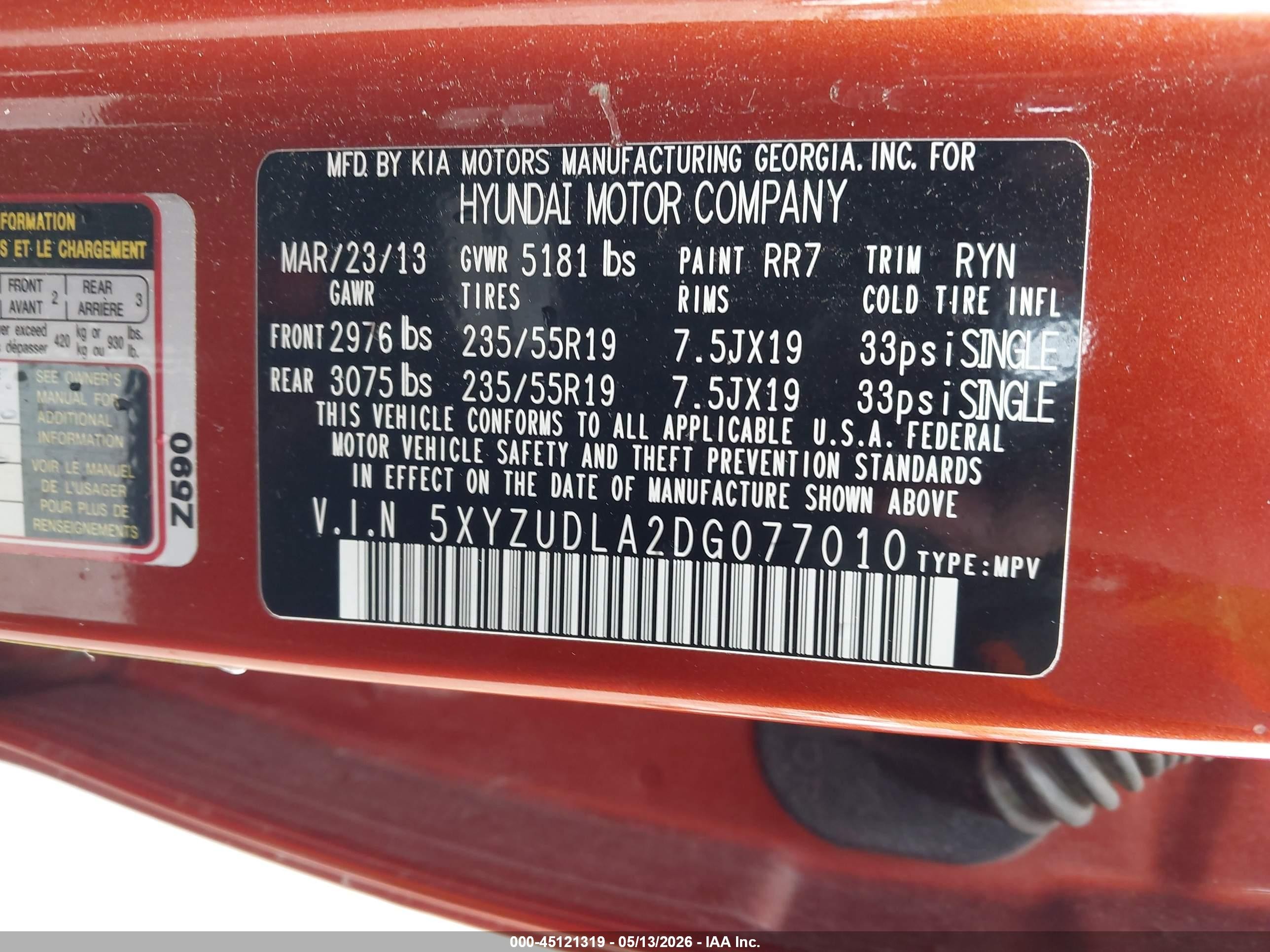 2013 Hyundai Santa Fe Sport 2.0t Orange vin: 5XYZUDLA2DG077010