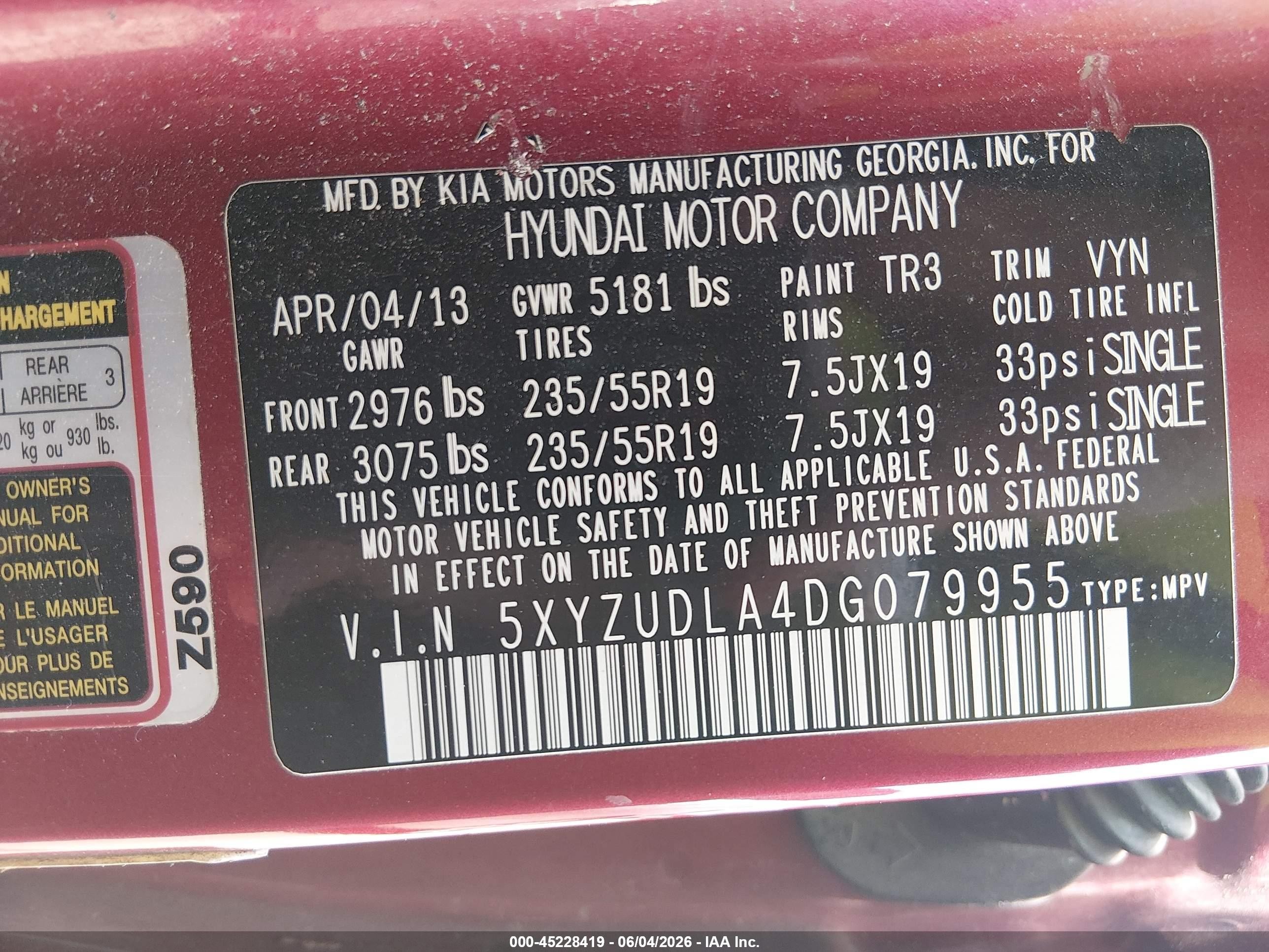 2013 Hyundai Santa Fe Sport 2.0t Red vin: 5XYZUDLA4DG079955