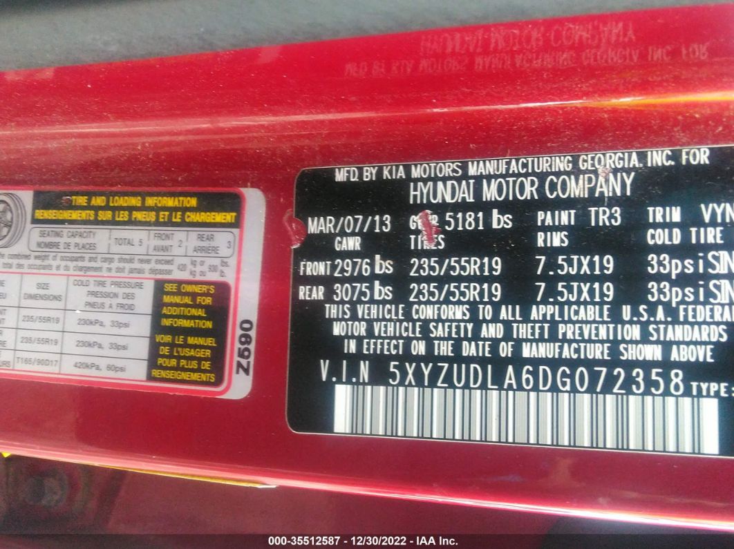2013 Hyundai Santa Fe 2.0t Sport Red vin: 5XYZUDLA6DG072358