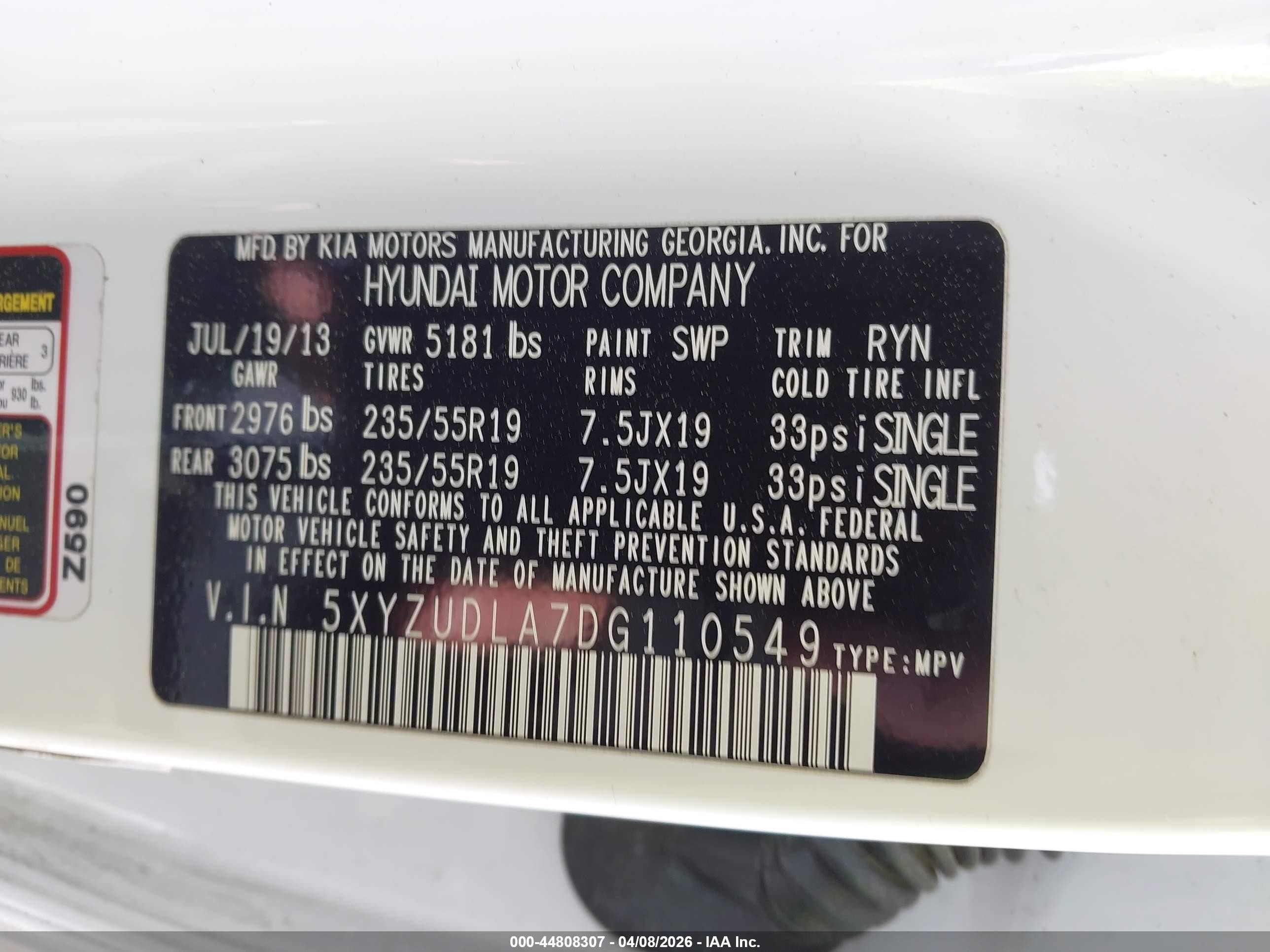 2013 Hyundai Santa Fe Sport 2.0t White vin: 5XYZUDLA7DG110549