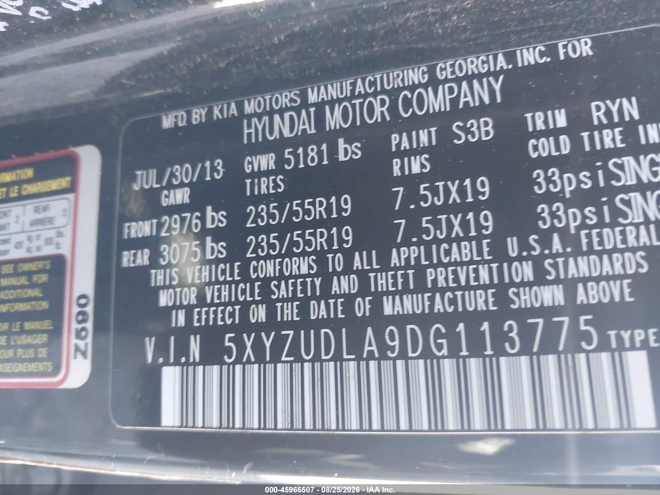 2013 Hyundai Santa Fe Sport 2.0t Black vin: 5XYZUDLA9DG113775