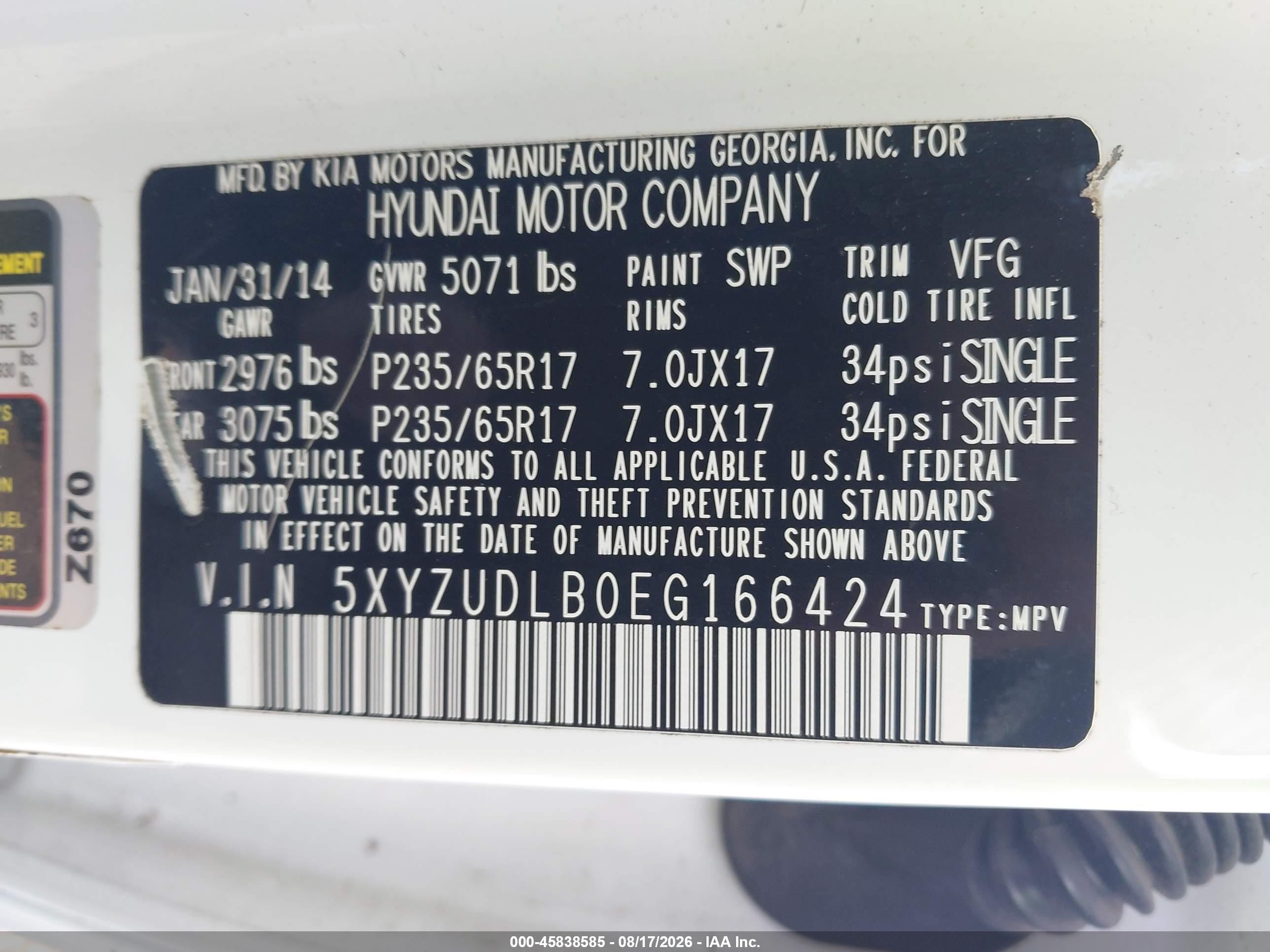 2014 Hyundai Santa Fe Sport 2.4l White vin: 5XYZUDLB0EG166424