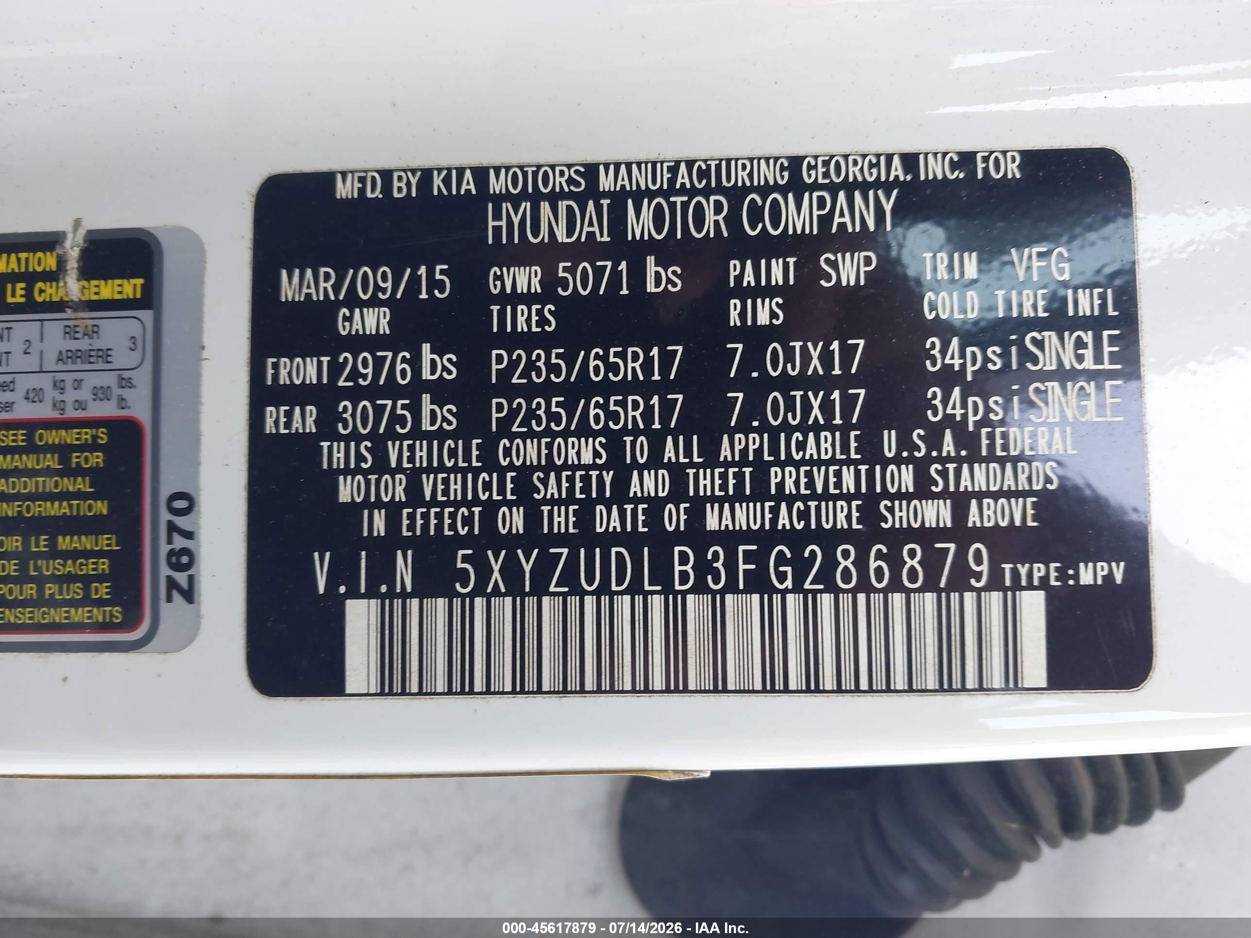 2015 Hyundai Santa Fe Sport 2.4l Белый vin: 5XYZUDLB3FG286879