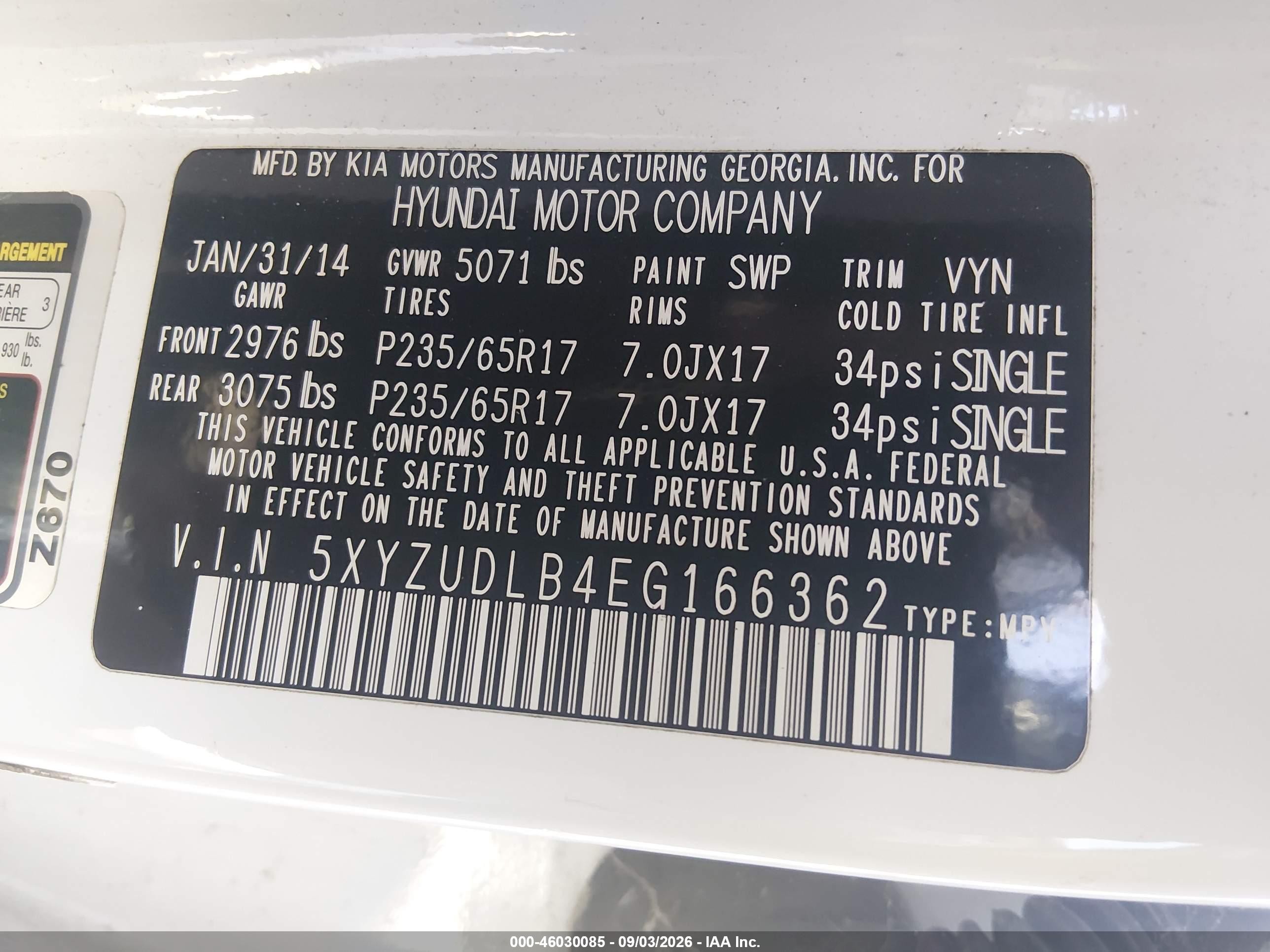 2014 Hyundai Santa Fe Sport 2.4l White vin: 5XYZUDLB4EG166362