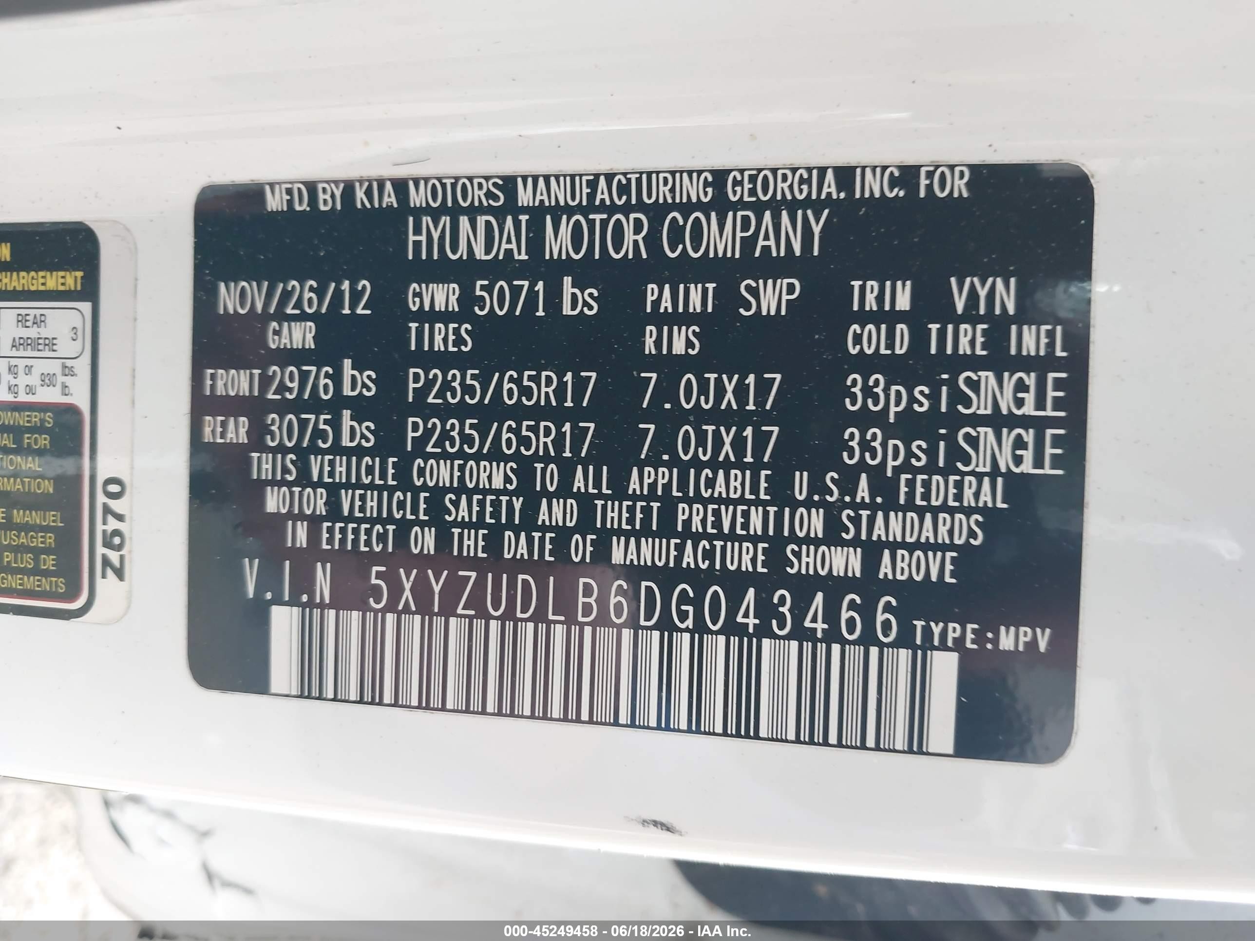 2013 Hyundai Santa Fe Sport White vin: 5XYZUDLB6DG043466
