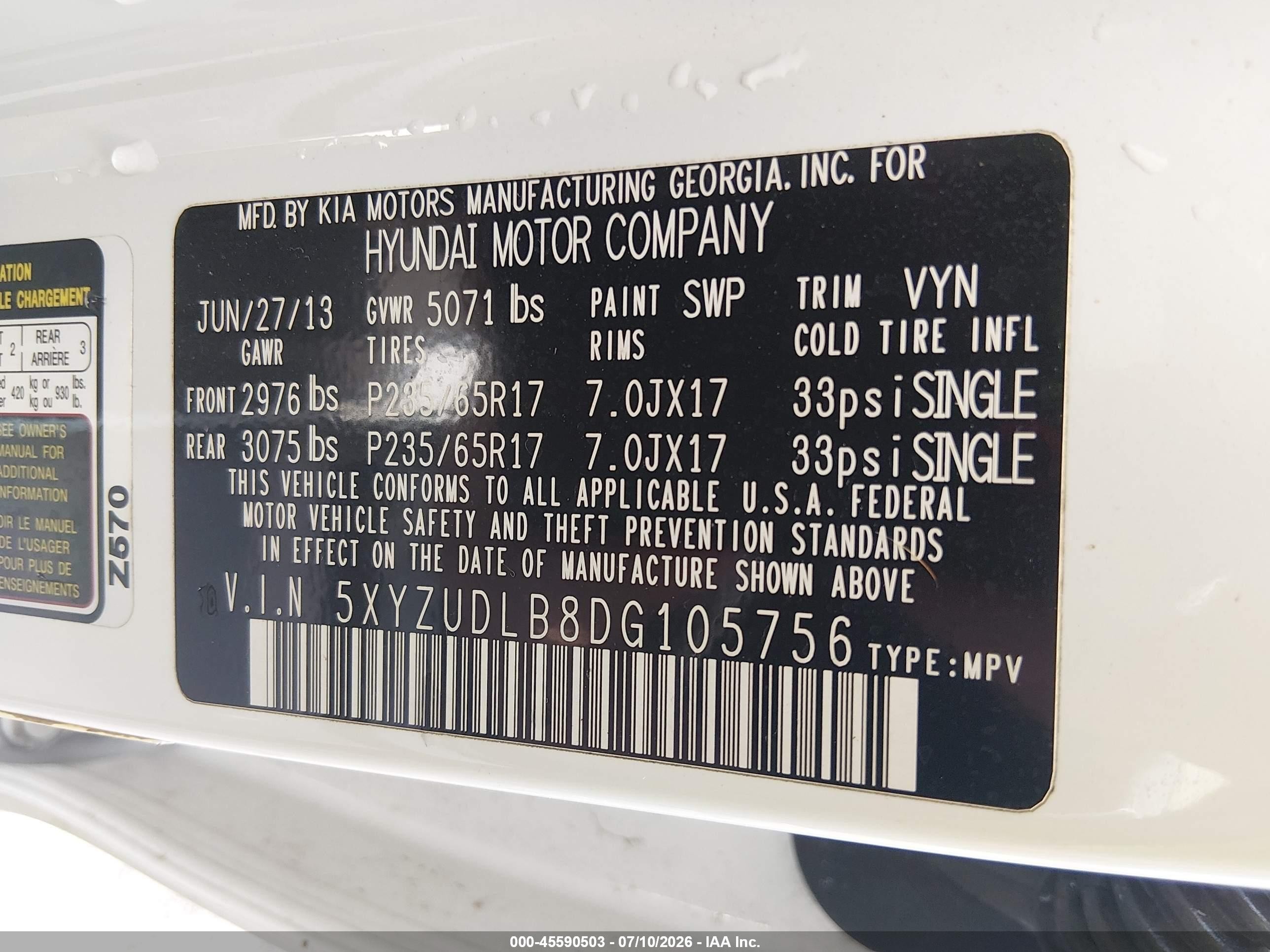 2013 Hyundai Santa Fe Sport White vin: 5XYZUDLB8DG105756