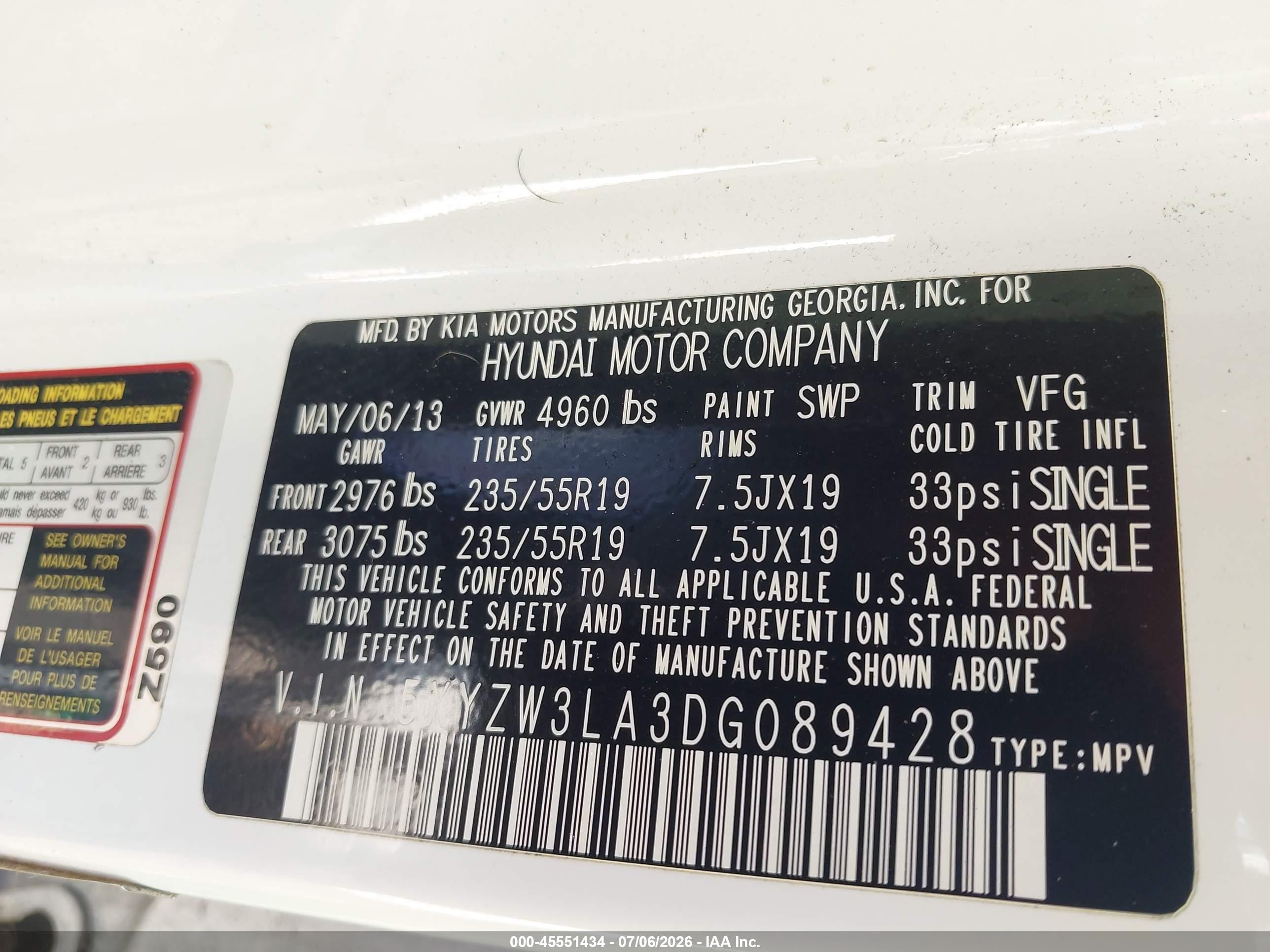 2013 Hyundai Santa Fe Sport 2.0t White vin: 5XYZW3LA3DG089428