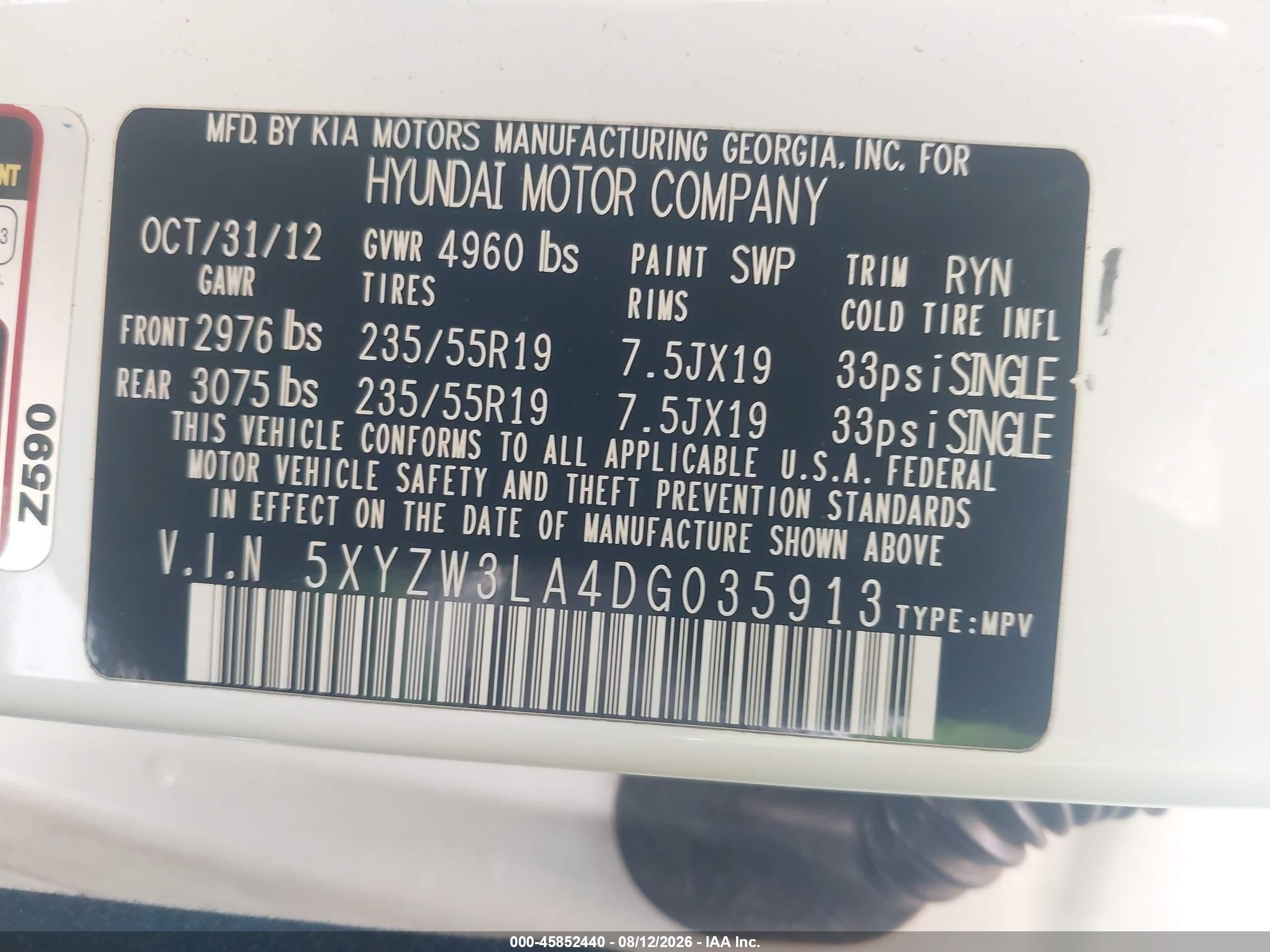 2013 Hyundai Santa Fe Sport 2.0t White vin: 5XYZW3LA4DG035913